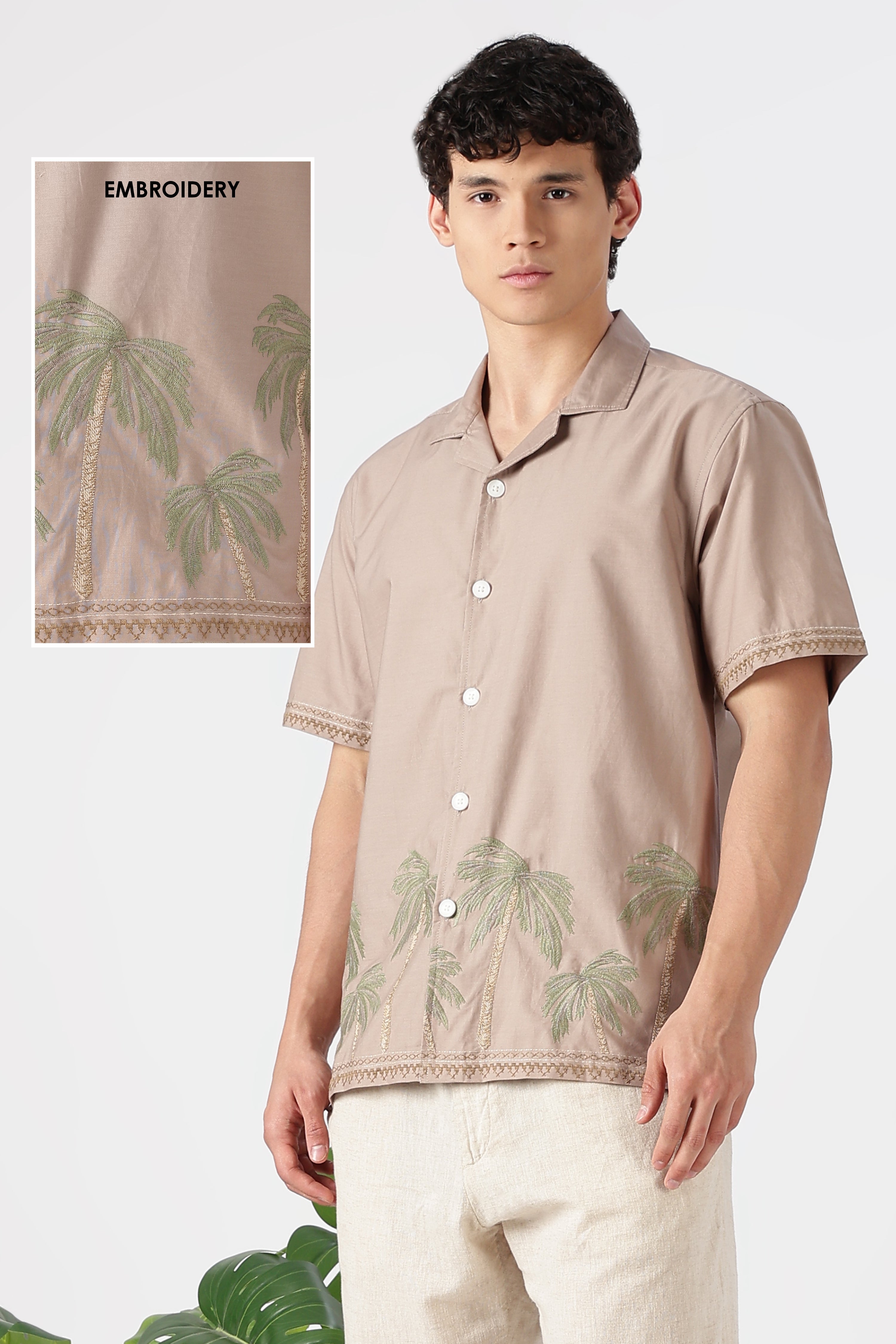 Palm Mirage Cotton Box Fit Brown Embroidered Shirt