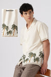 Coastal Palms Cotton Box Fit Beige Embroidered Shirt