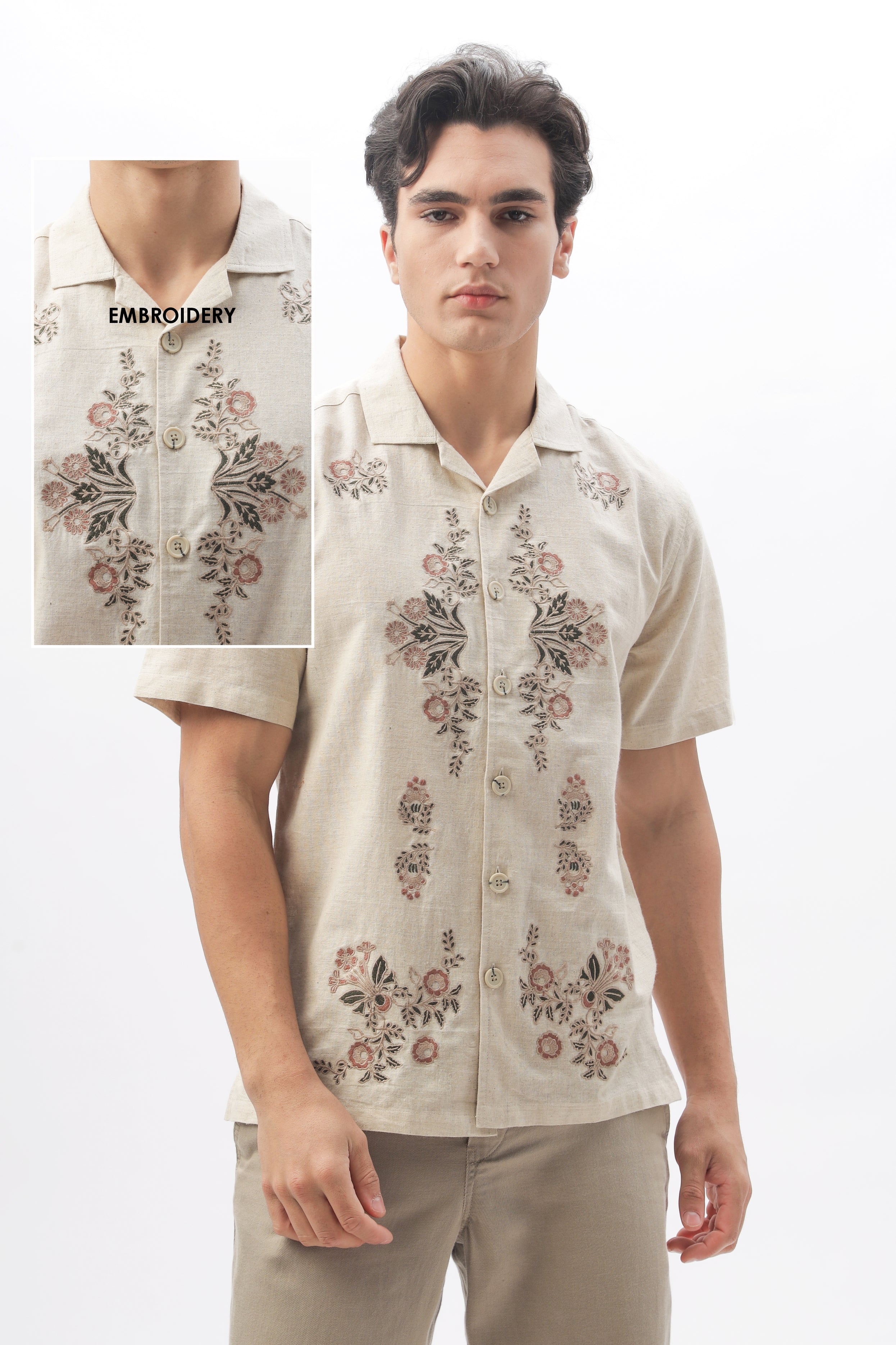 Zeus Floral Embroidery Linen Box Fit Shirt