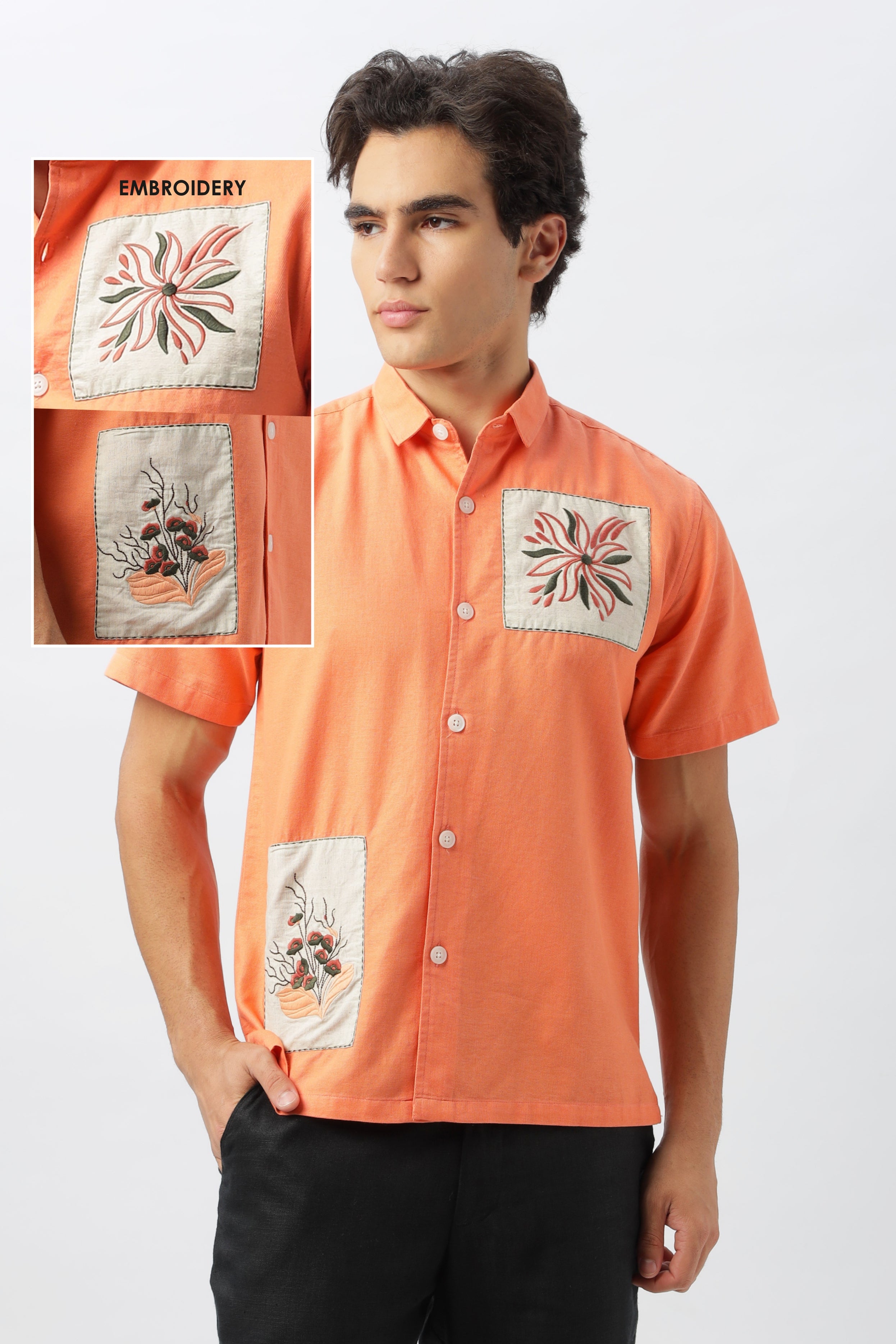 Patch Work Embroidered Men's Coral Box Fit Shirt