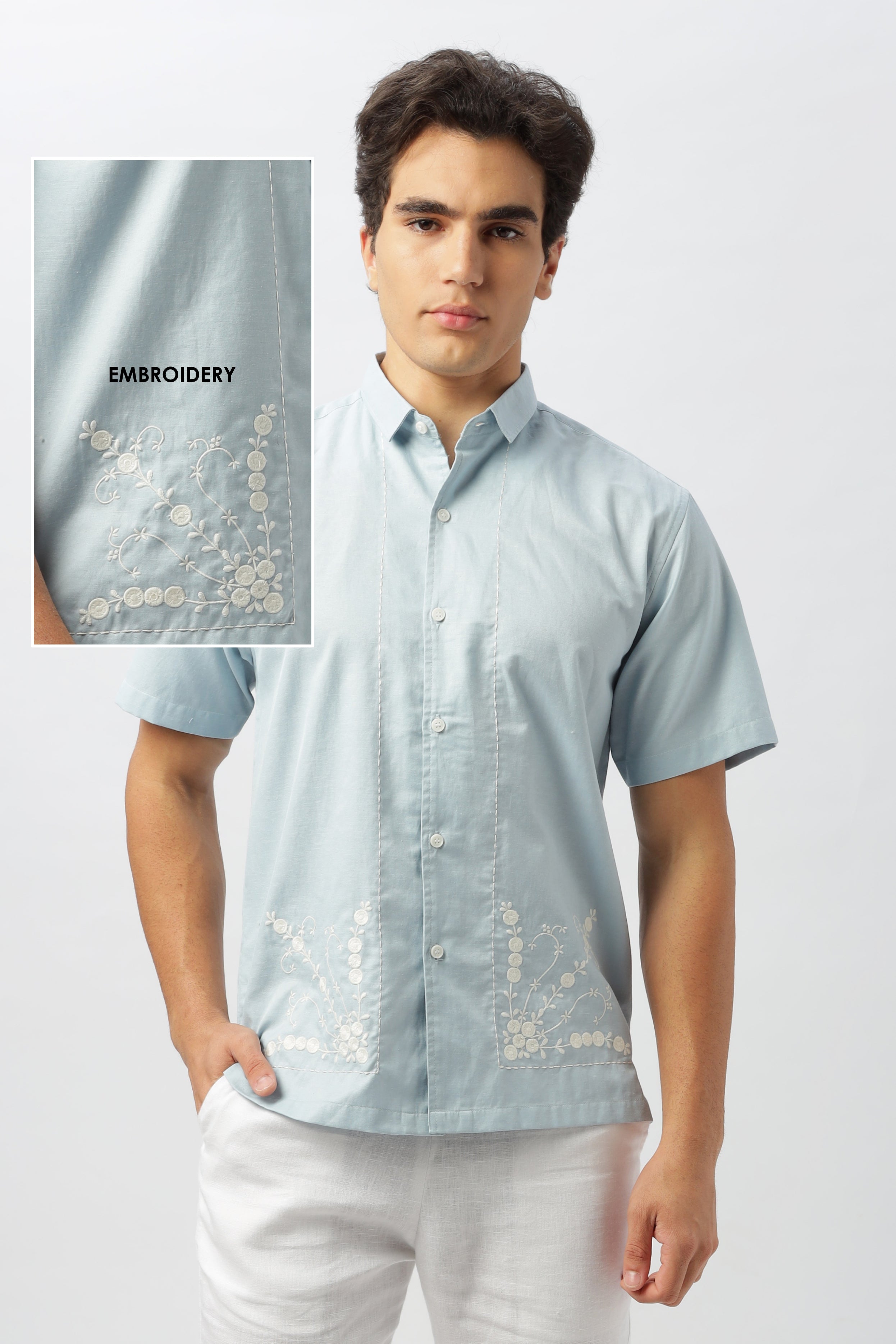 Opulent Floral Embroidered Light Blue Box Fit Shirt