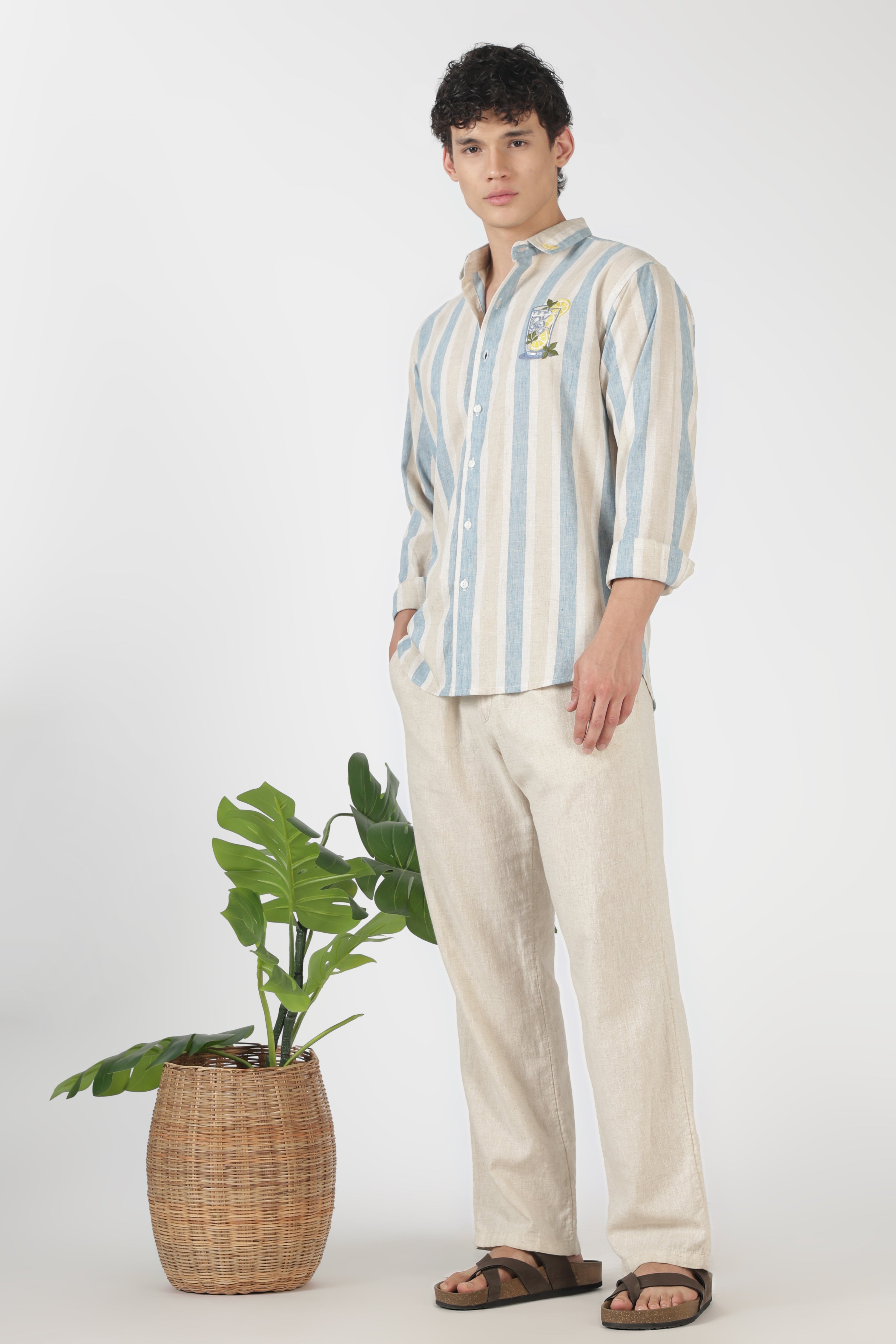 Lemon Cooler Cotton Regular Fit Sky Blue Embroidered Shirt
