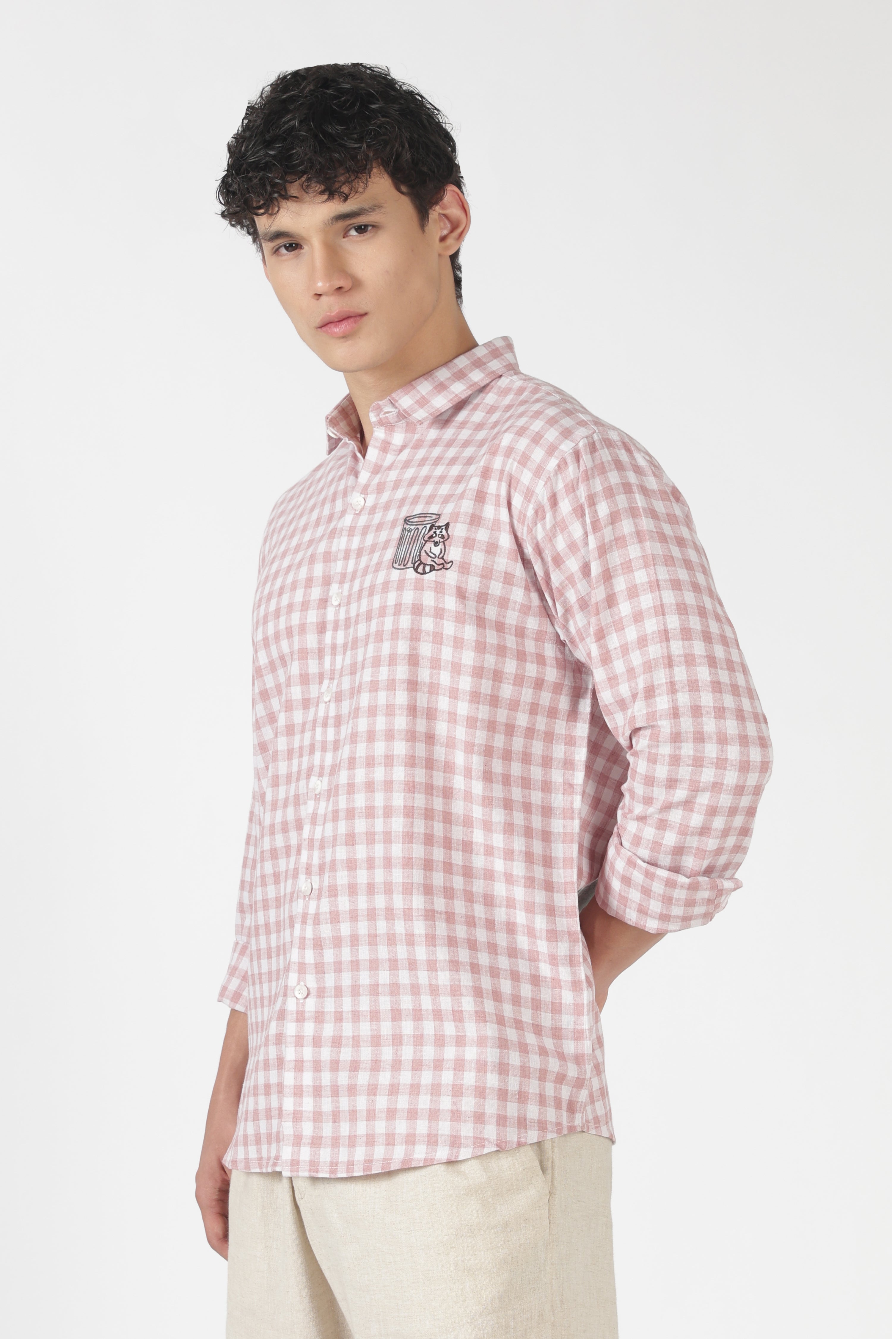 Playful Raccoon Cotton Regular Fit Pink Embroidered Shirt
