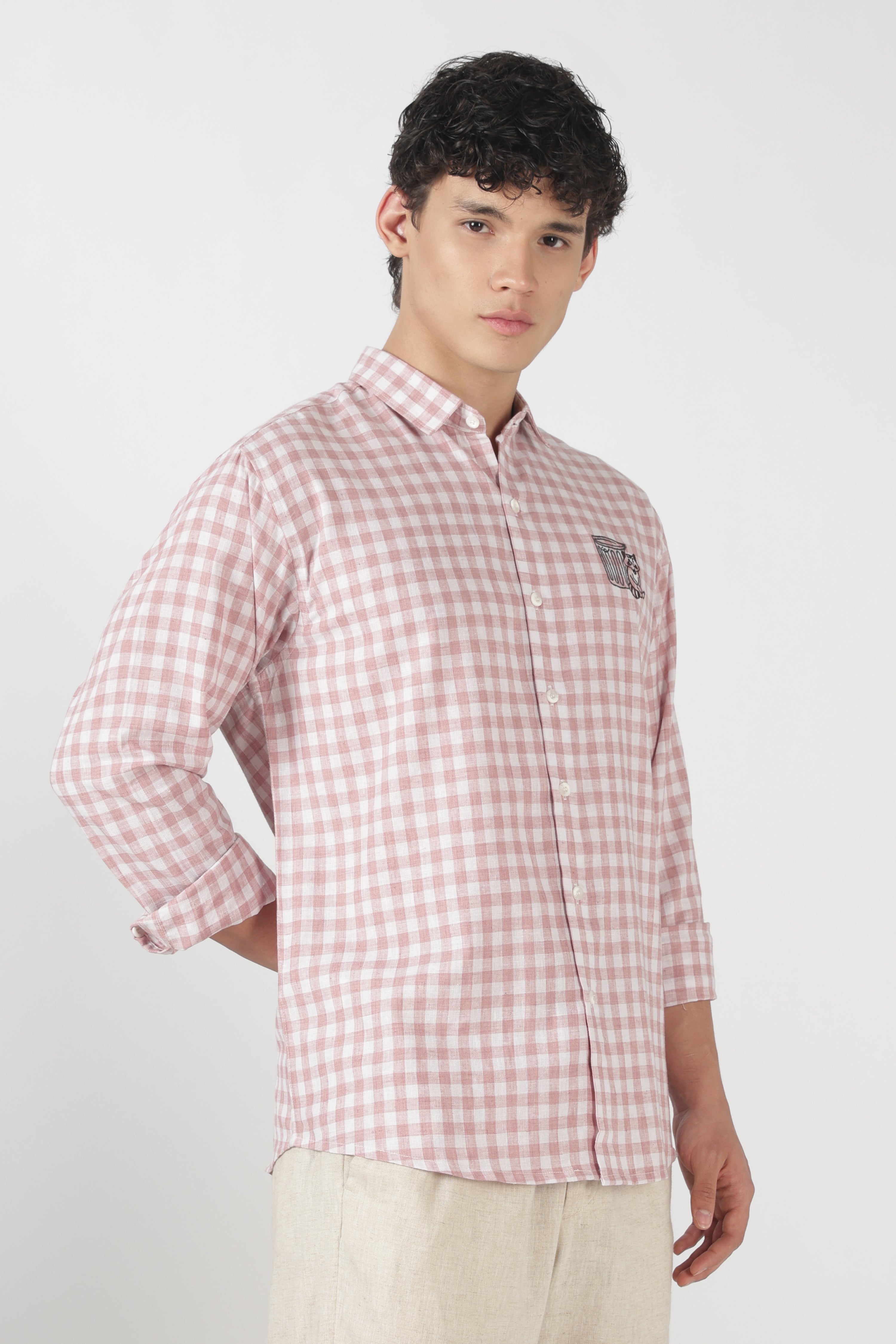 Playful Raccoon Cotton Regular Fit Pink Embroidered Shirt