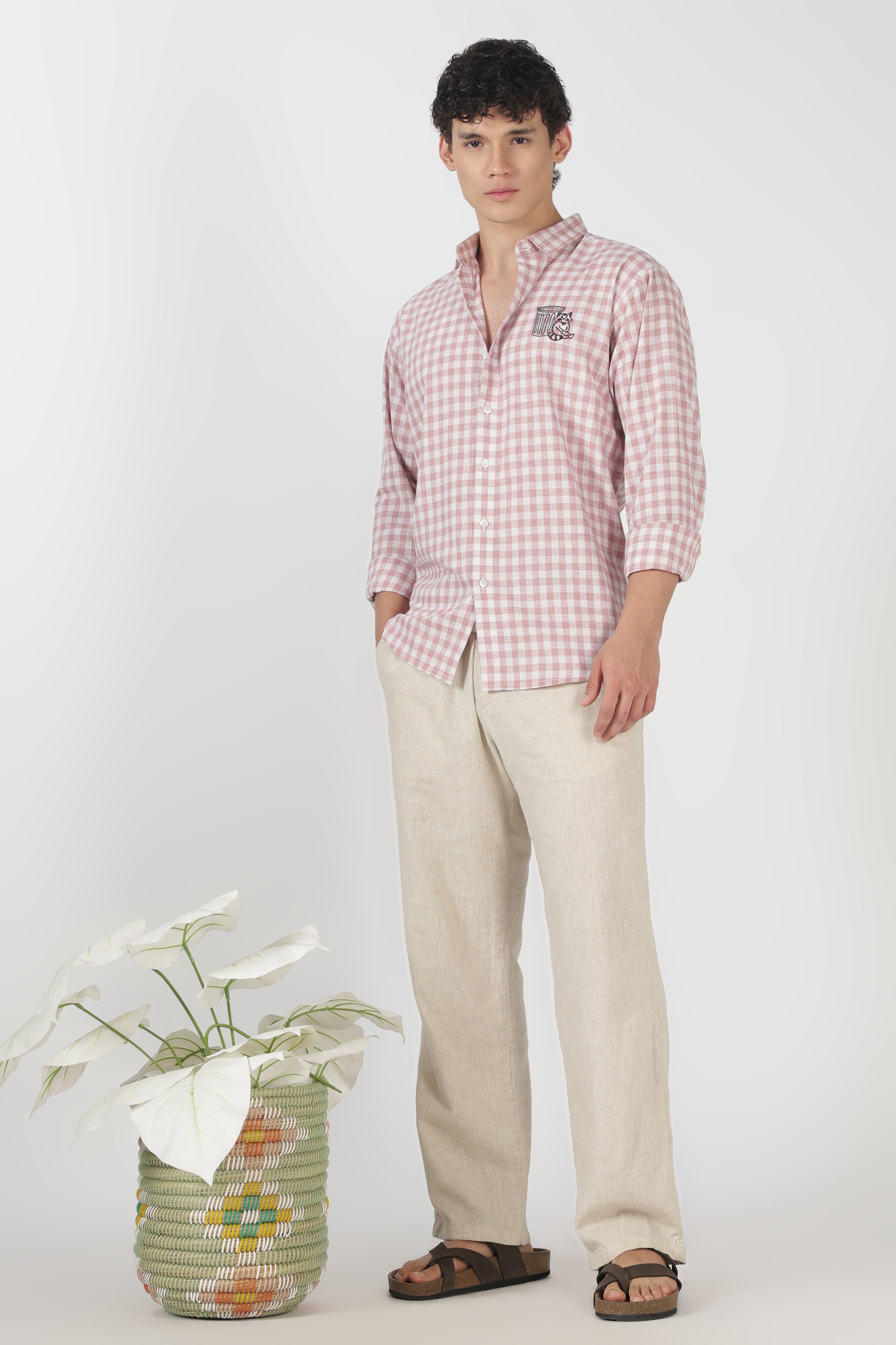 Playful Raccoon Cotton Regular Fit Pink Embroidered Shirt
