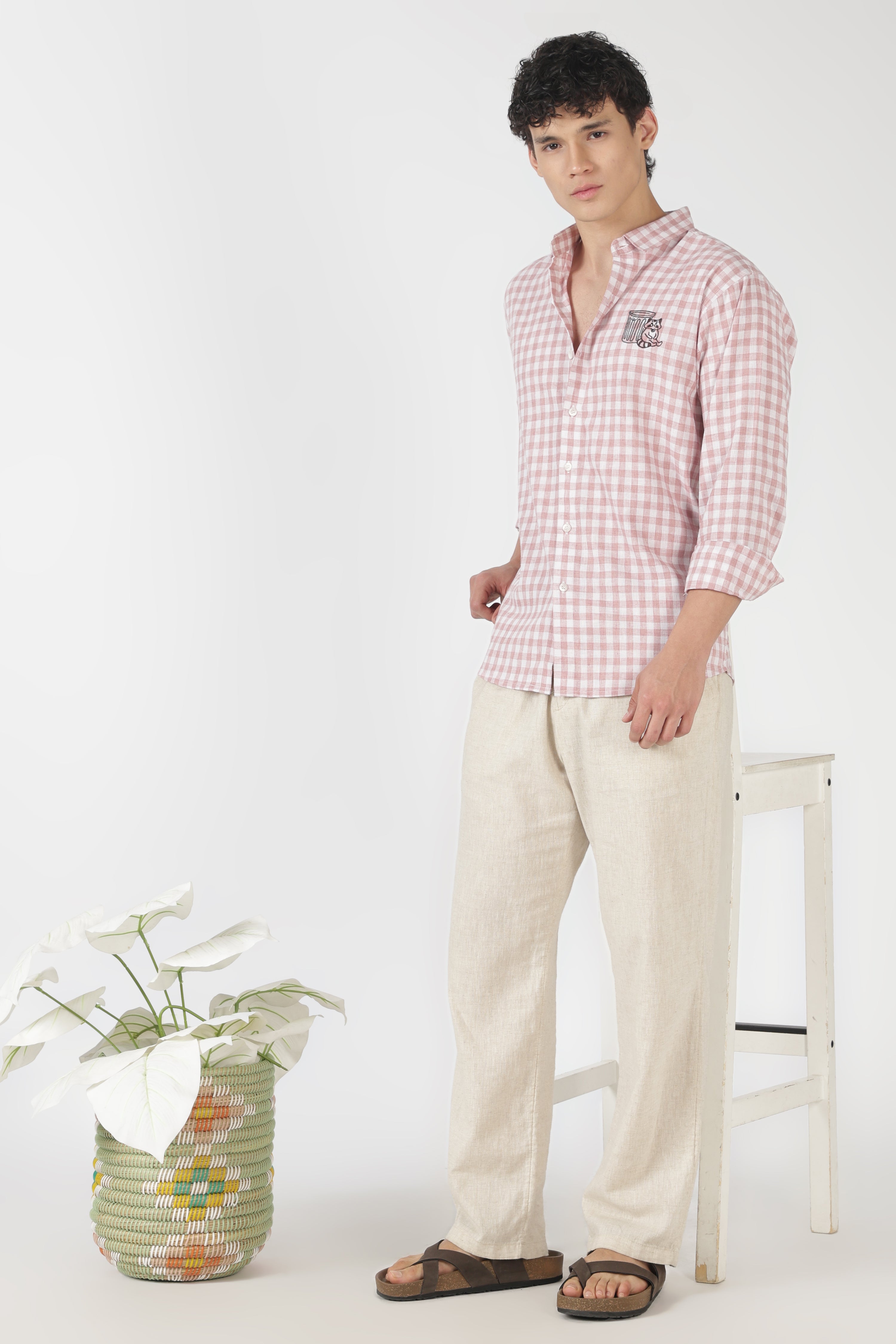 Playful Raccoon Cotton Regular Fit Pink Embroidered Shirt