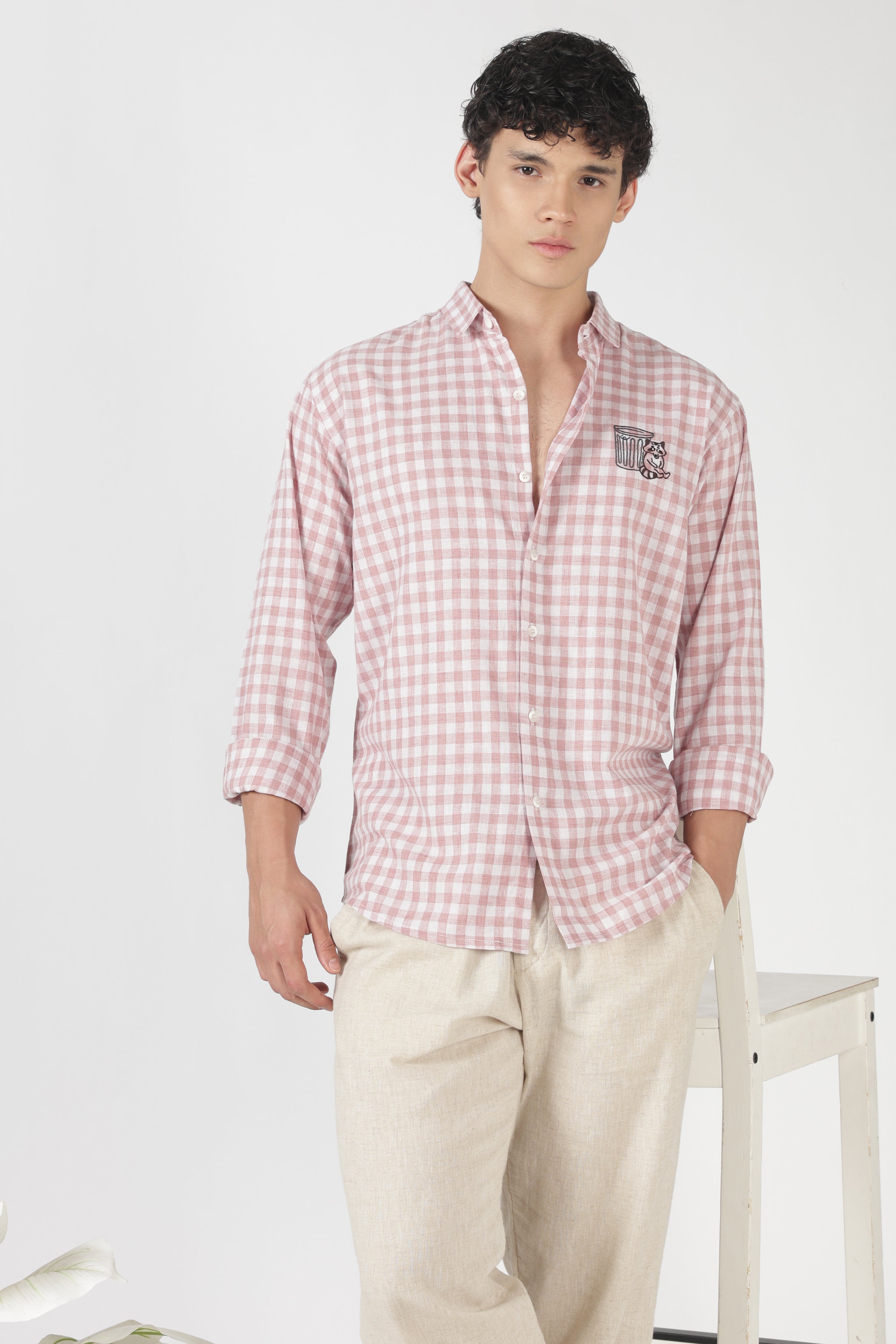 Playful Raccoon Cotton Regular Fit Pink Embroidered Shirt