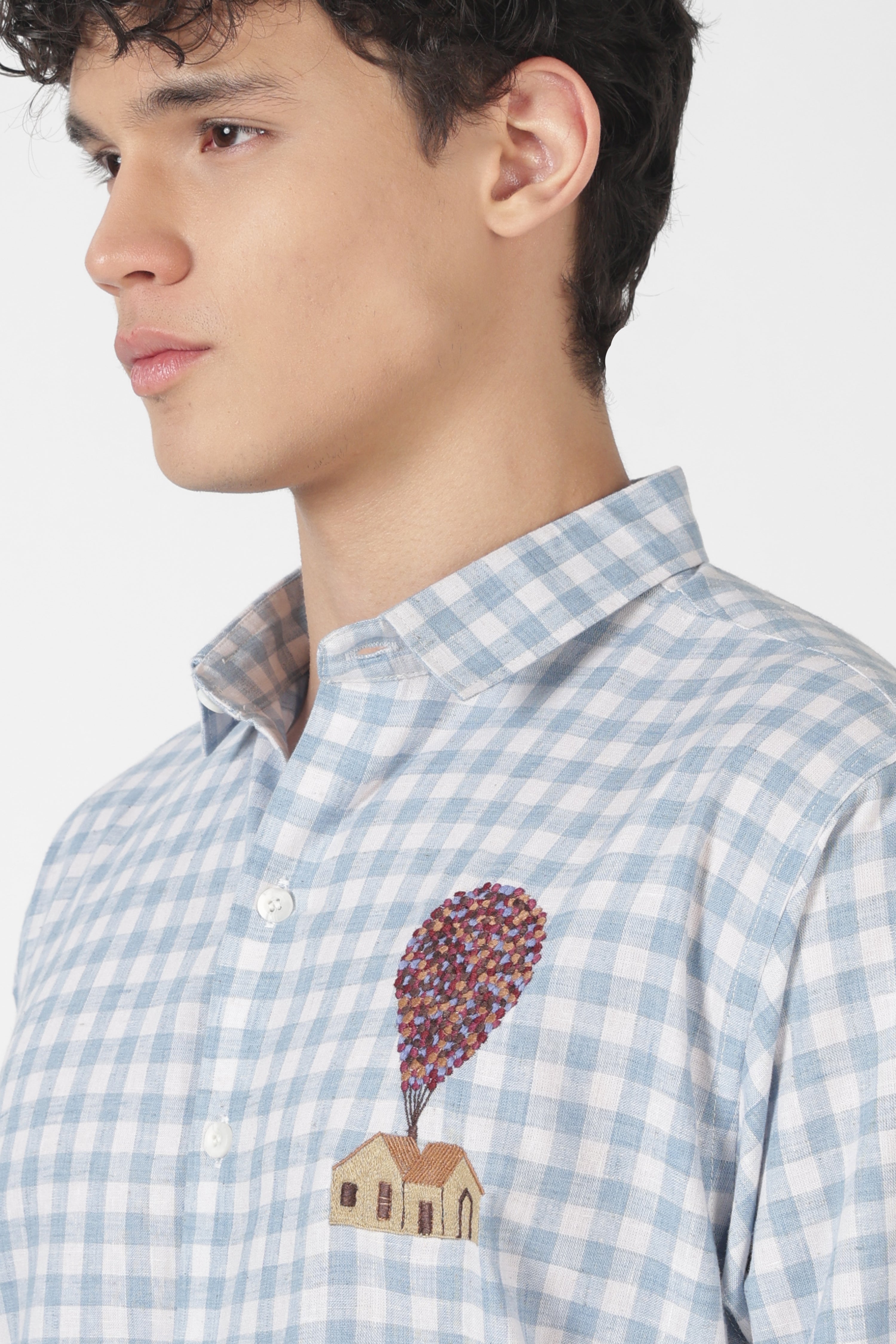 Sky Balloon House Cotton Regular Fit Sky Blue Embroidered Shirt
