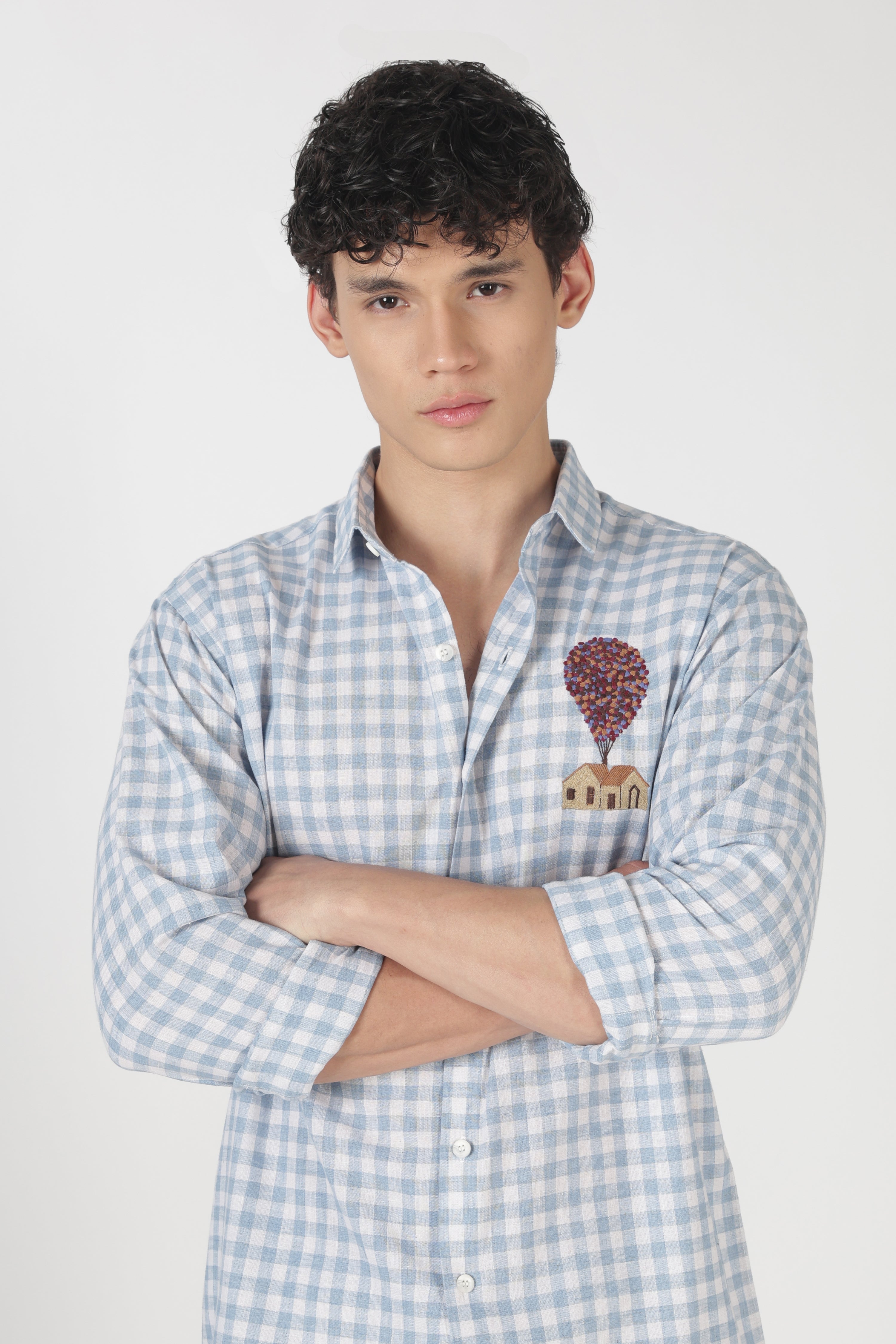 Sky Balloon House Cotton Regular Fit Sky Blue Embroidered Shirt