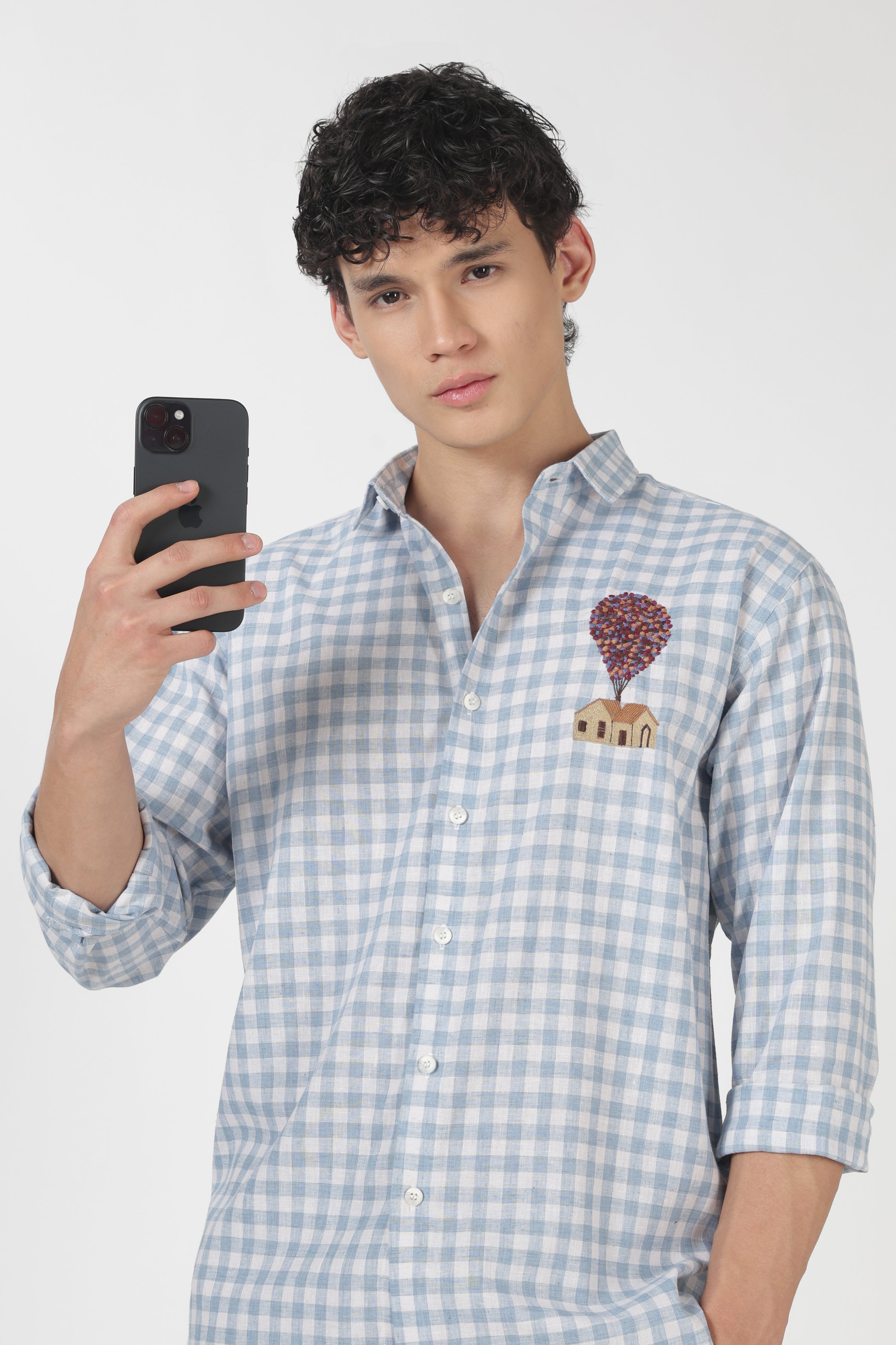 Sky Balloon House Cotton Regular Fit Sky Blue Embroidered Shirt