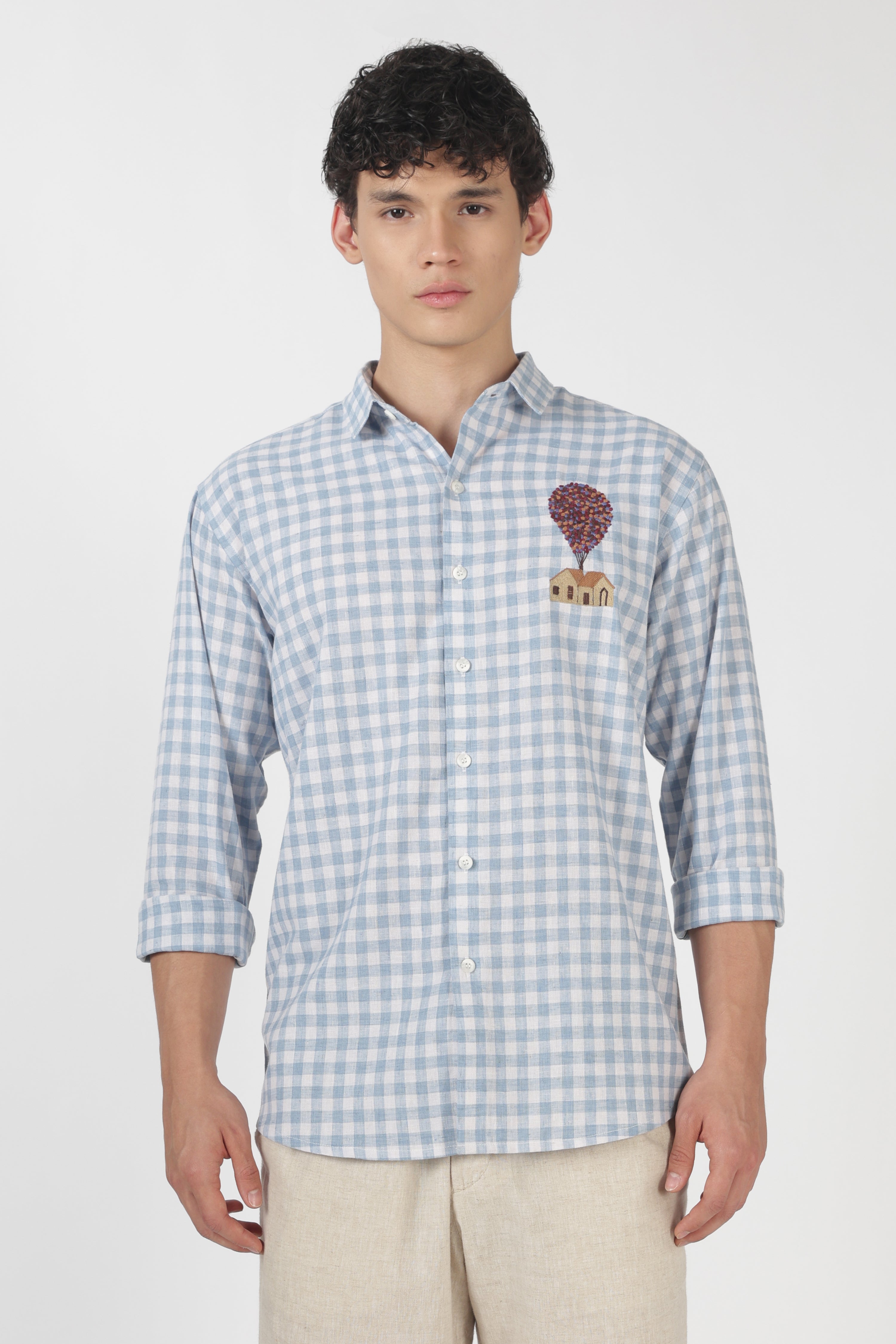Sky Balloon House Cotton Regular Fit Sky Blue Embroidered Shirt