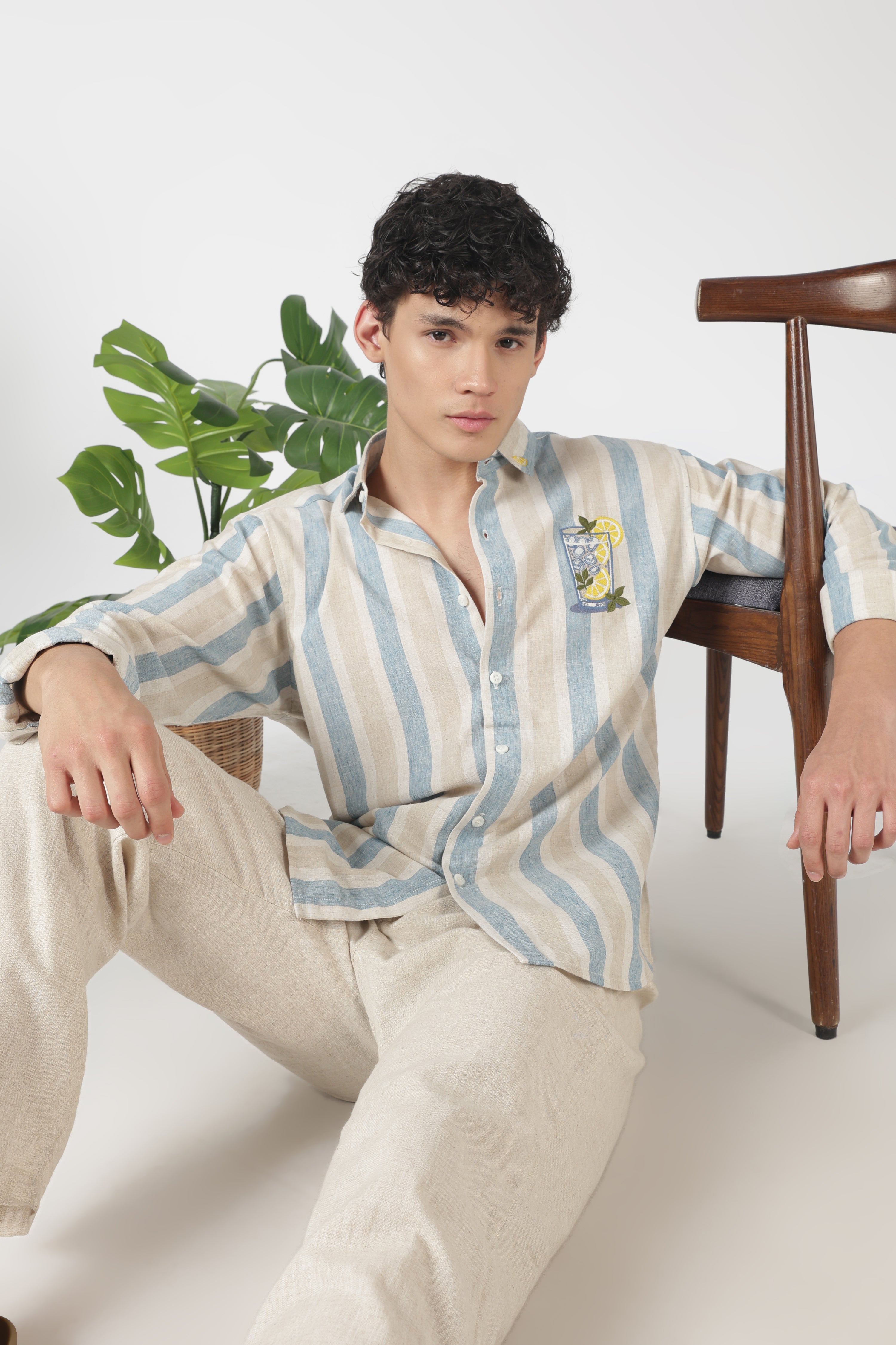 Lemon Cooler Cotton Regular Fit Sky Blue Embroidered Shirt