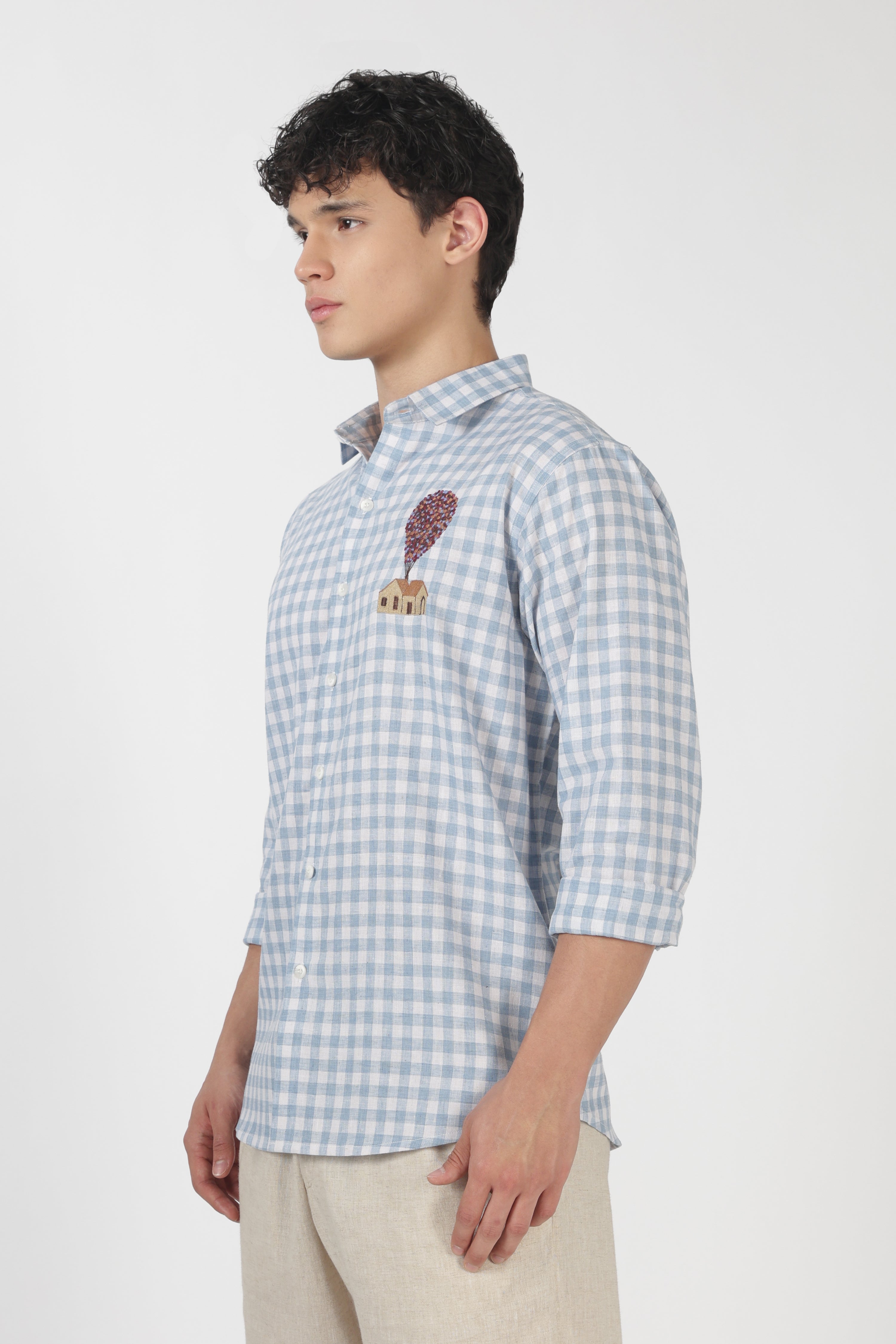 Sky Balloon House Cotton Regular Fit Sky Blue Embroidered Shirt