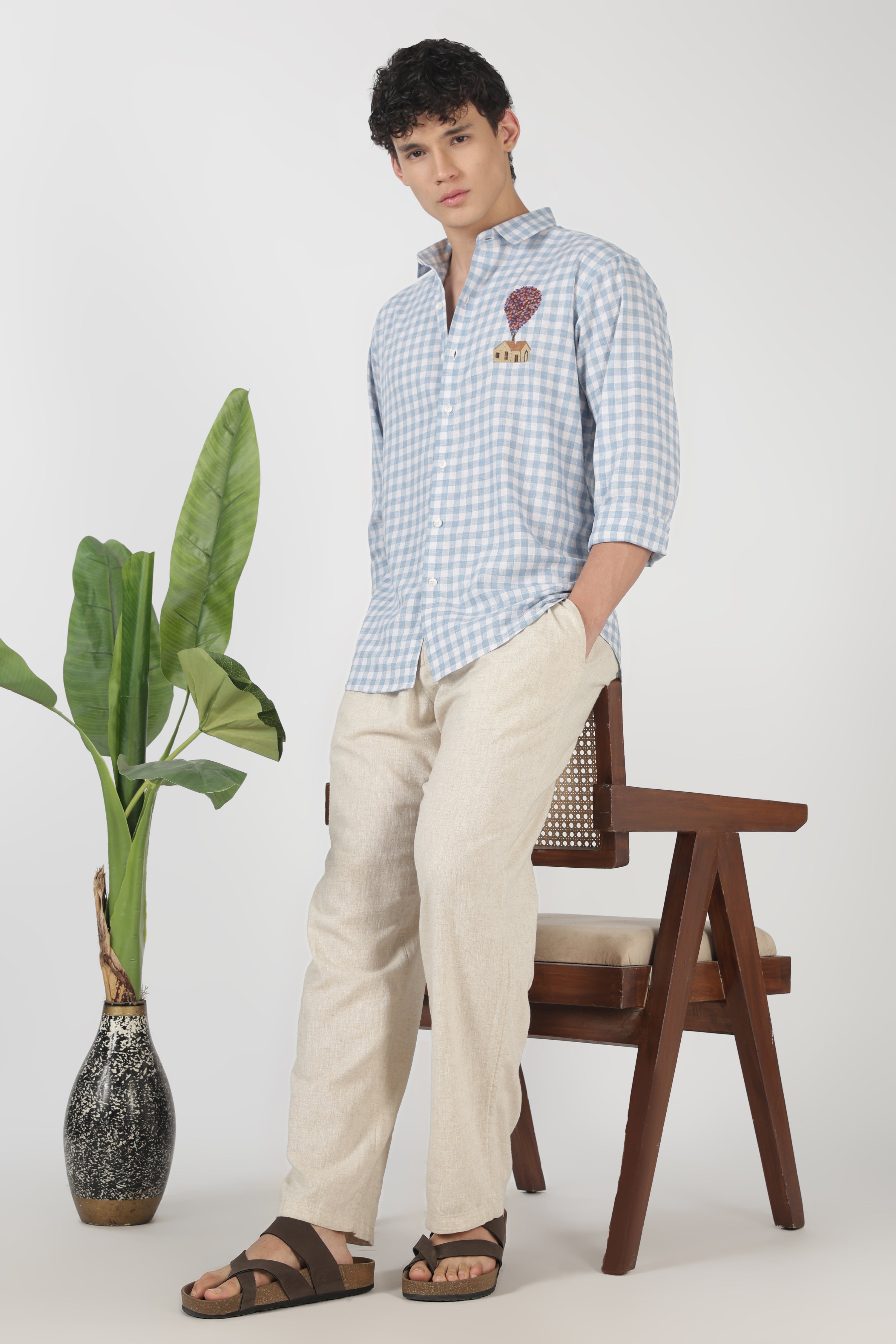Sky Balloon House Cotton Regular Fit Sky Blue Embroidered Shirt