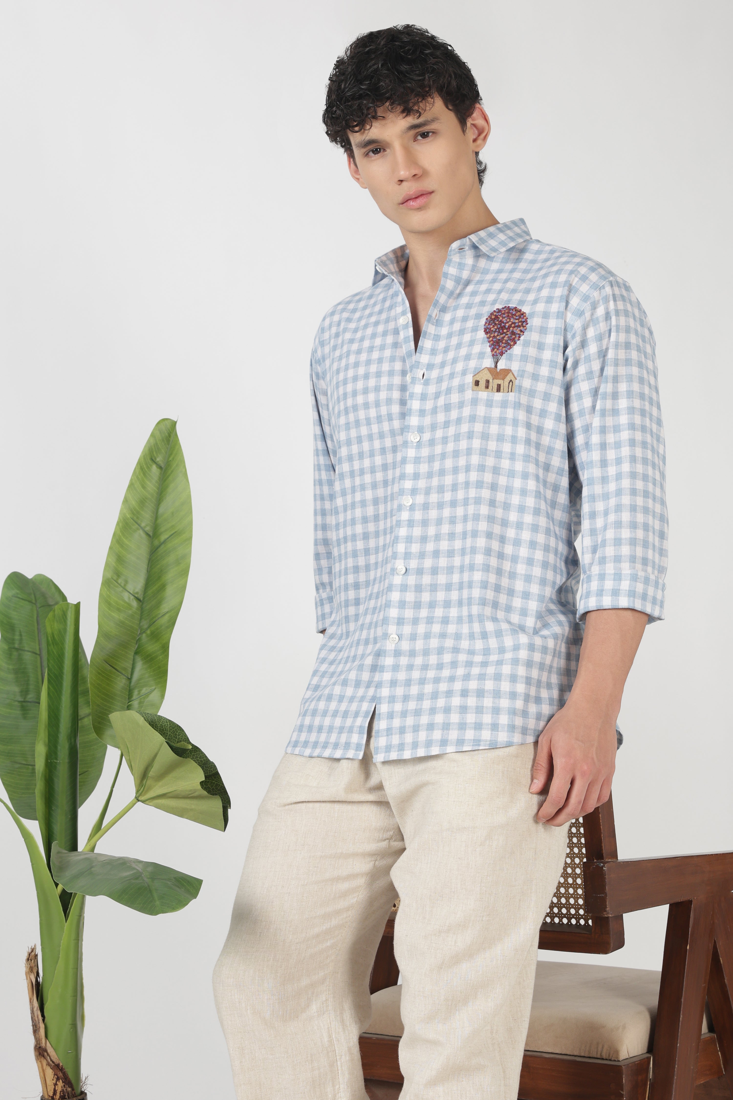 Sky Balloon House Cotton Regular Fit Sky Blue Embroidered Shirt