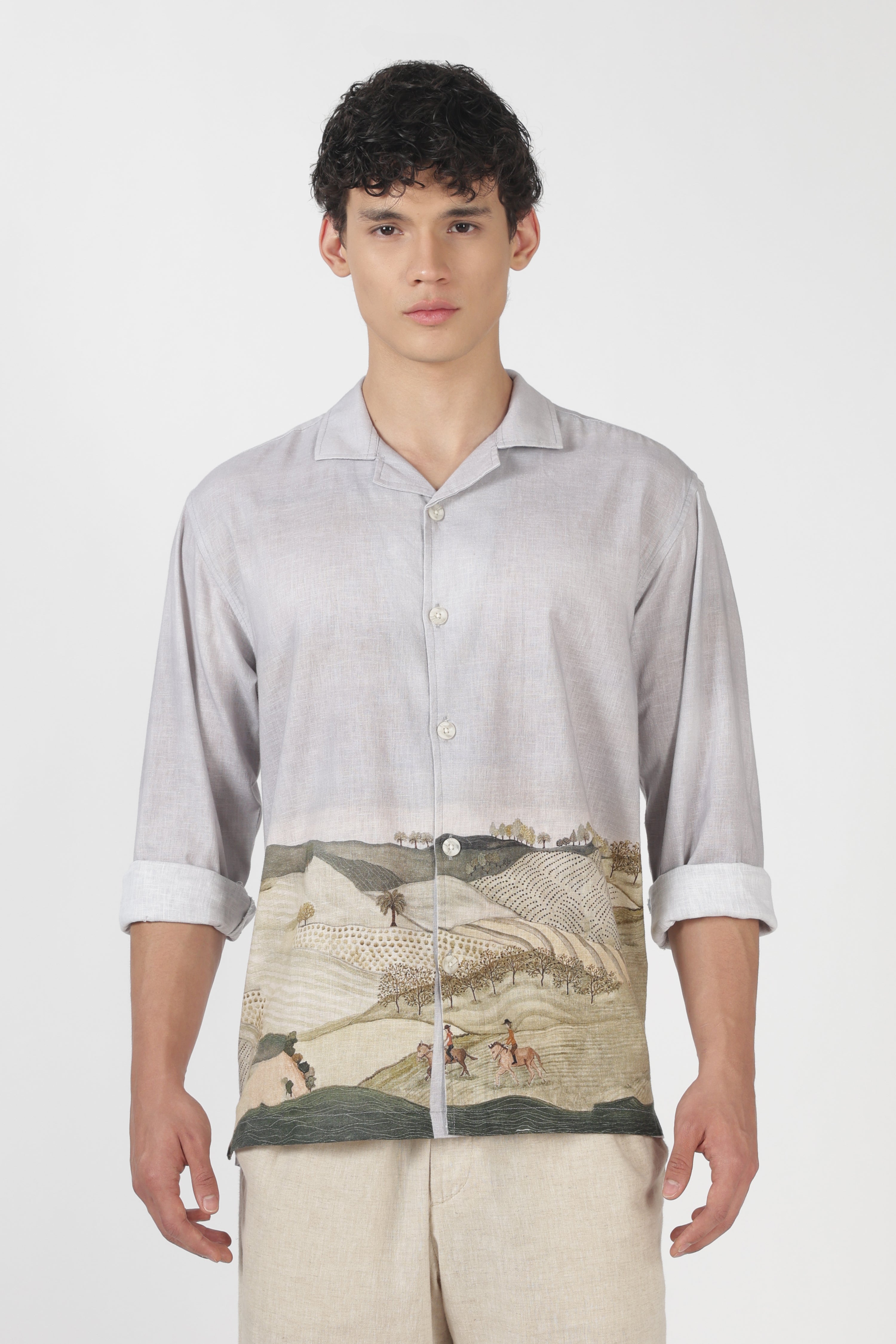 Countryside Cotton Box Fit Full Sleeve Grey Printed Shirt