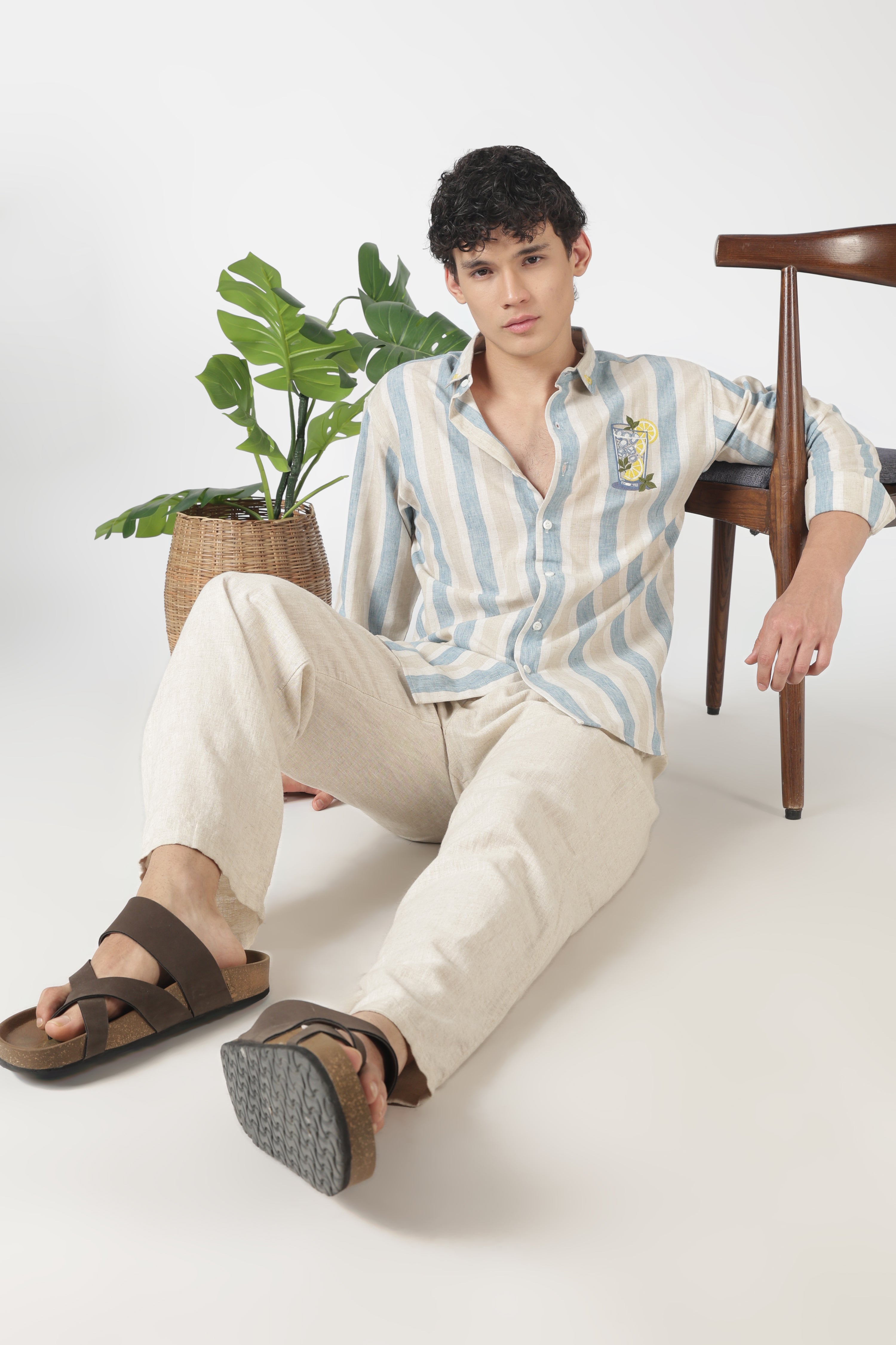 Lemon Cooler Cotton Regular Fit Sky Blue Embroidered Shirt