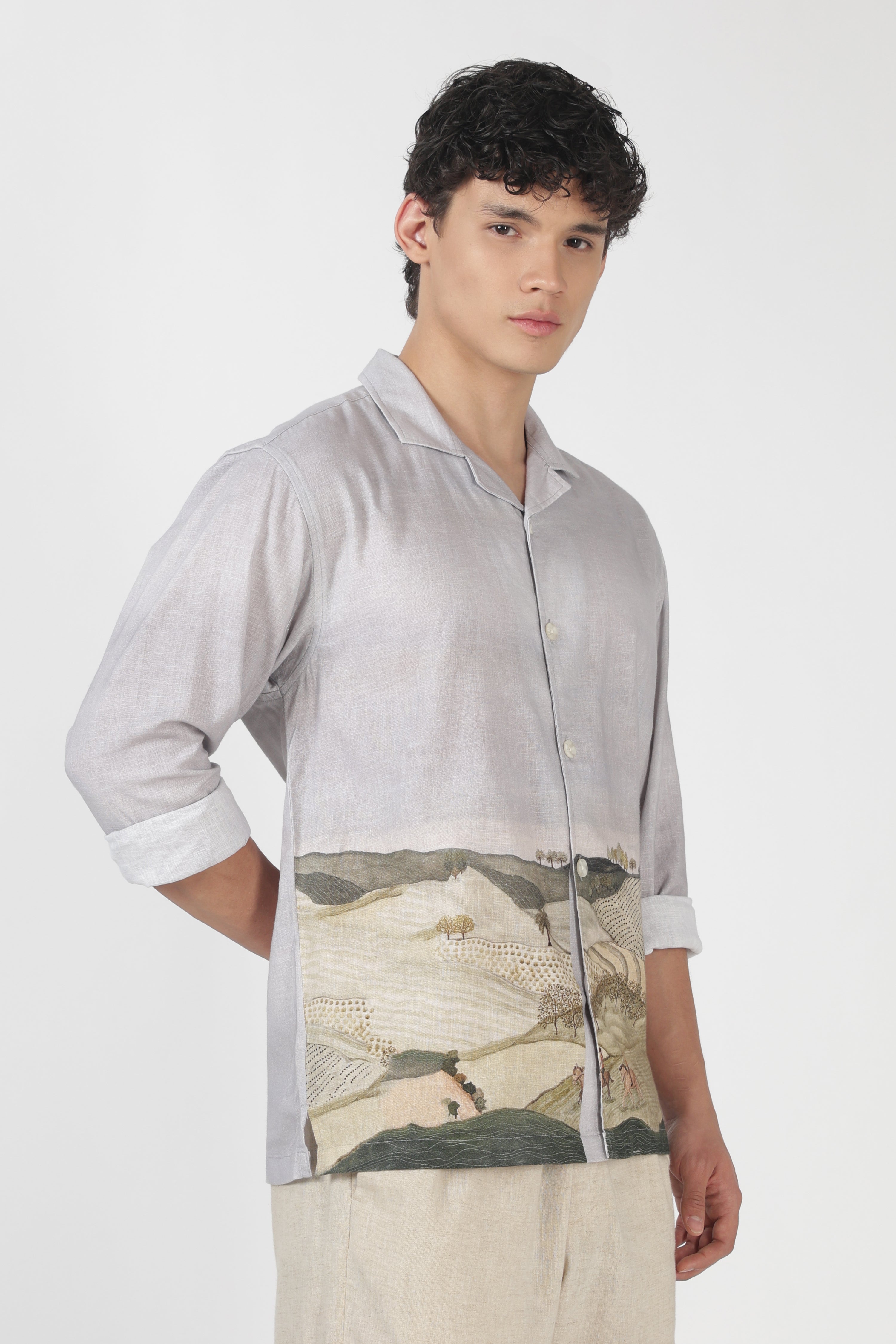 Countryside Cotton Box Fit Full Sleeve Grey Printed Shirt