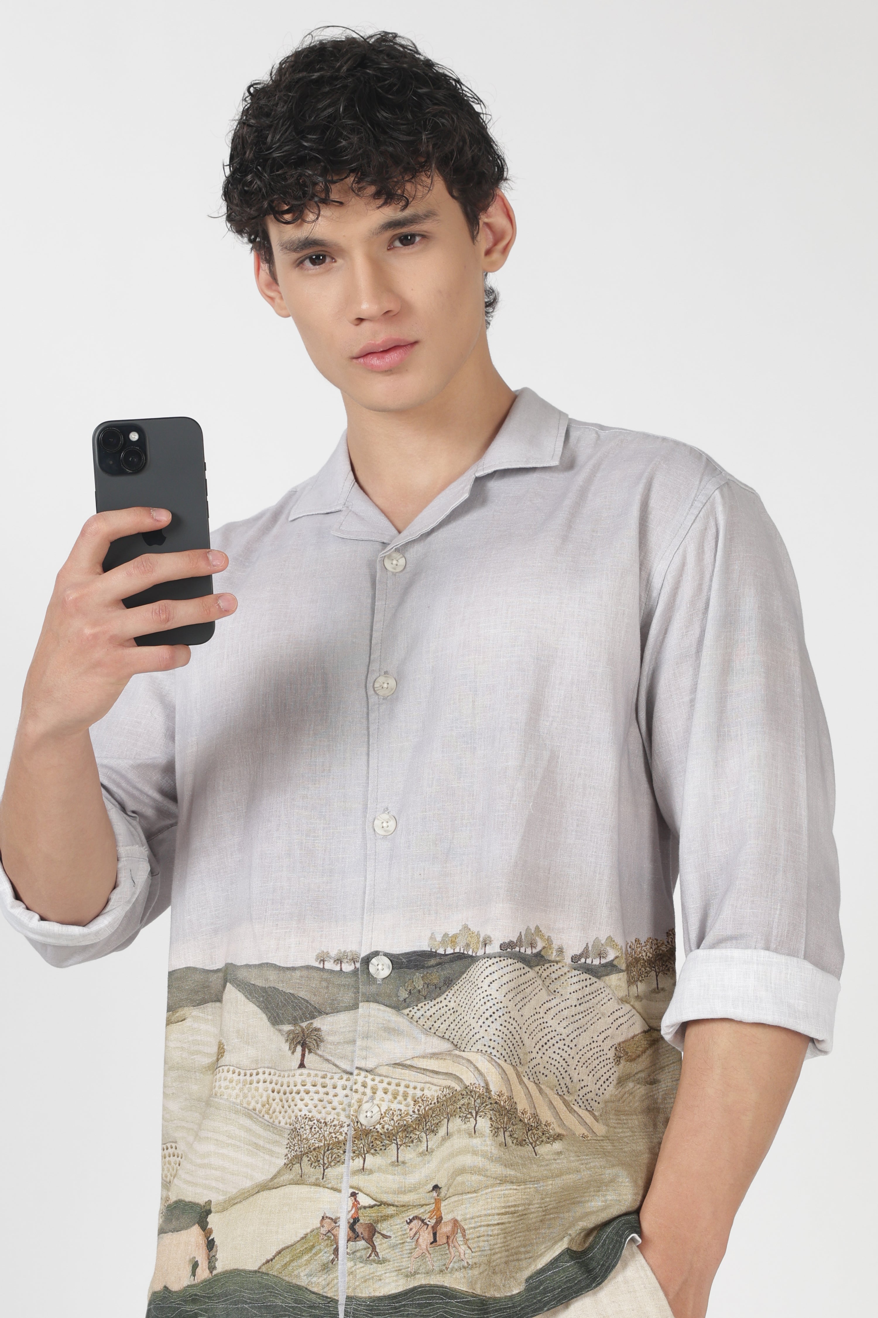 Countryside Cotton Box Fit Full Sleeve Grey Printed Shirt