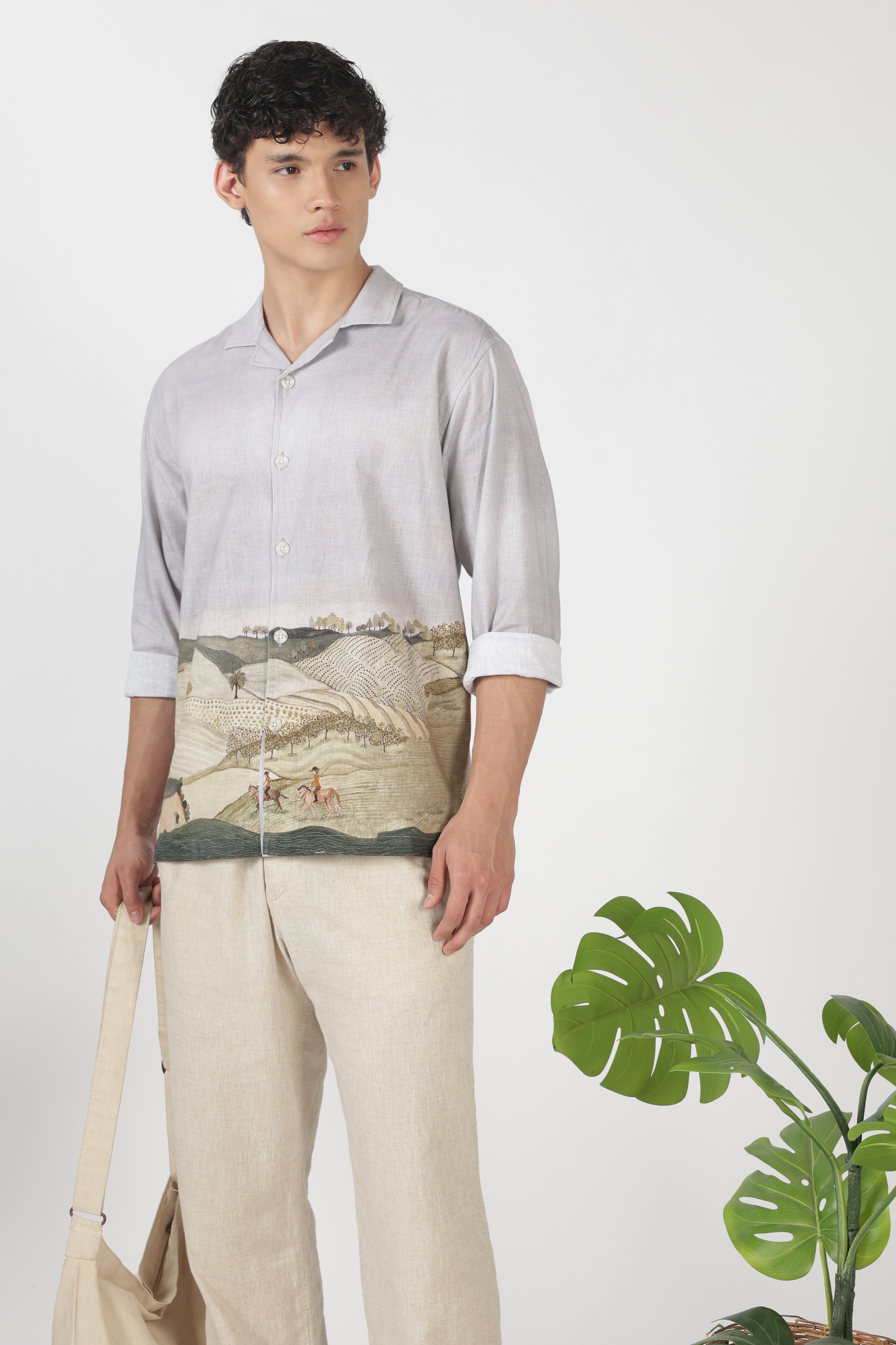 Countryside Cotton Box Fit Full Sleeve Grey Printed Shirt