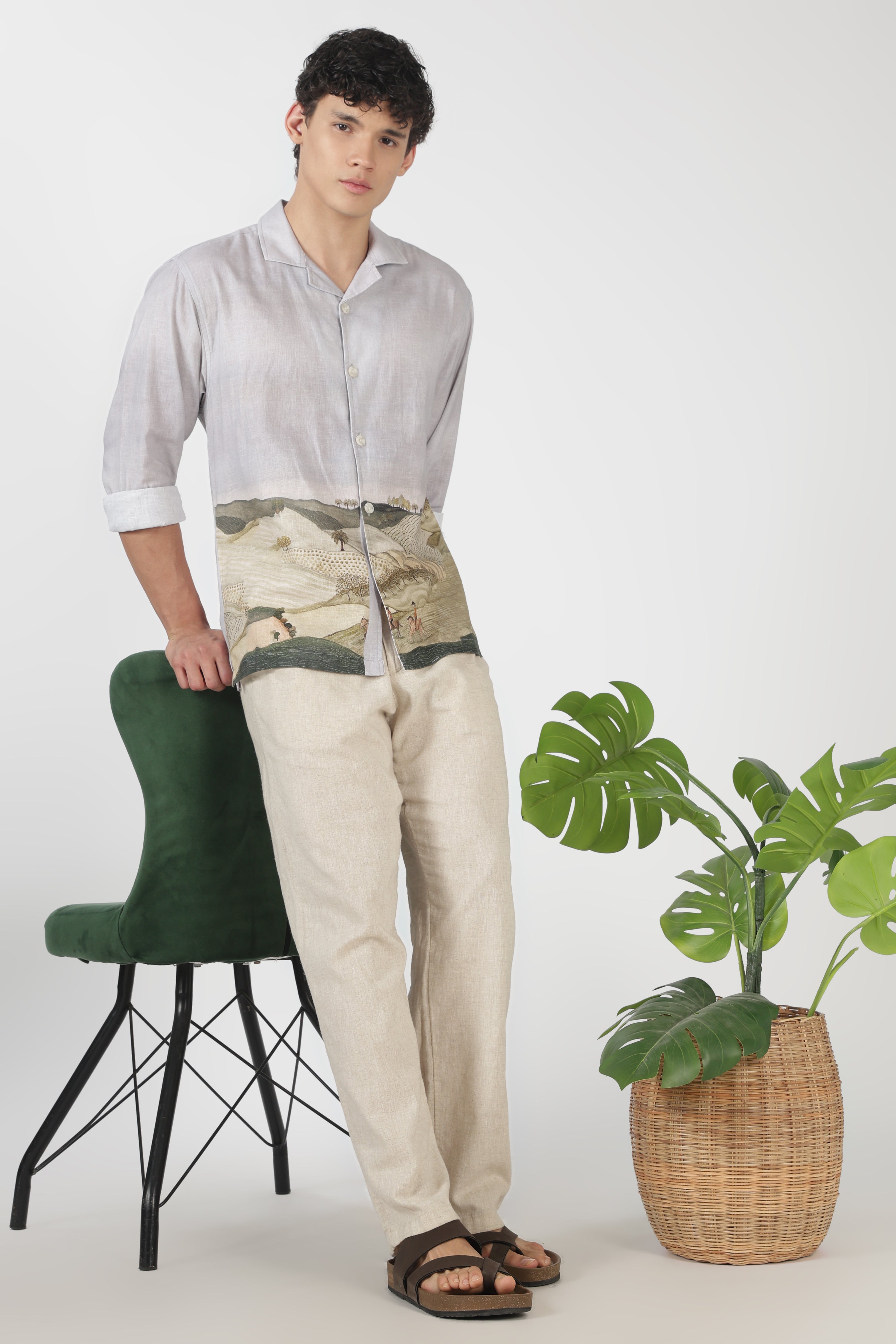 Countryside Cotton Box Fit Full Sleeve Grey Printed Shirt