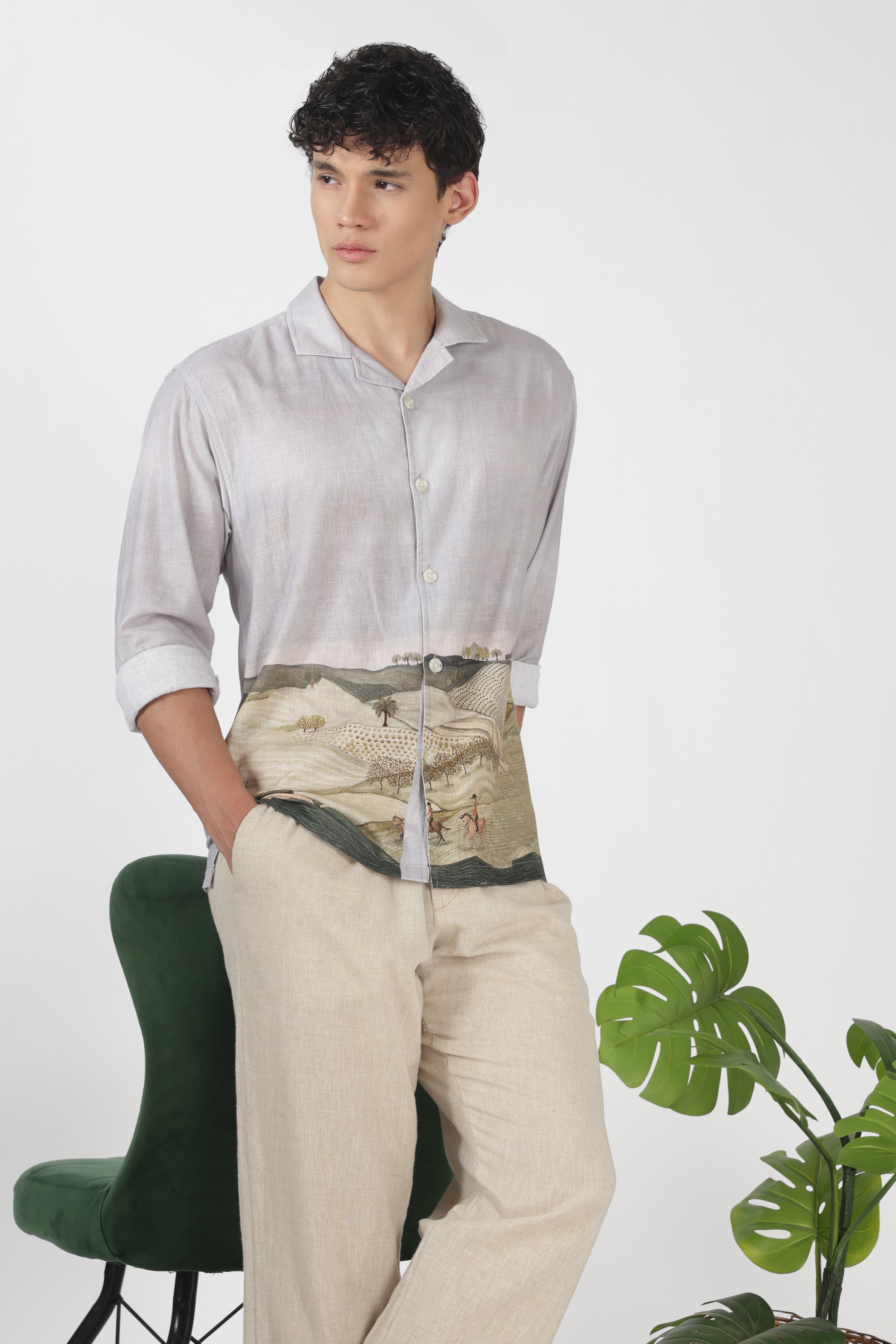 Countryside Cotton Box Fit Full Sleeve Grey Printed Shirt
