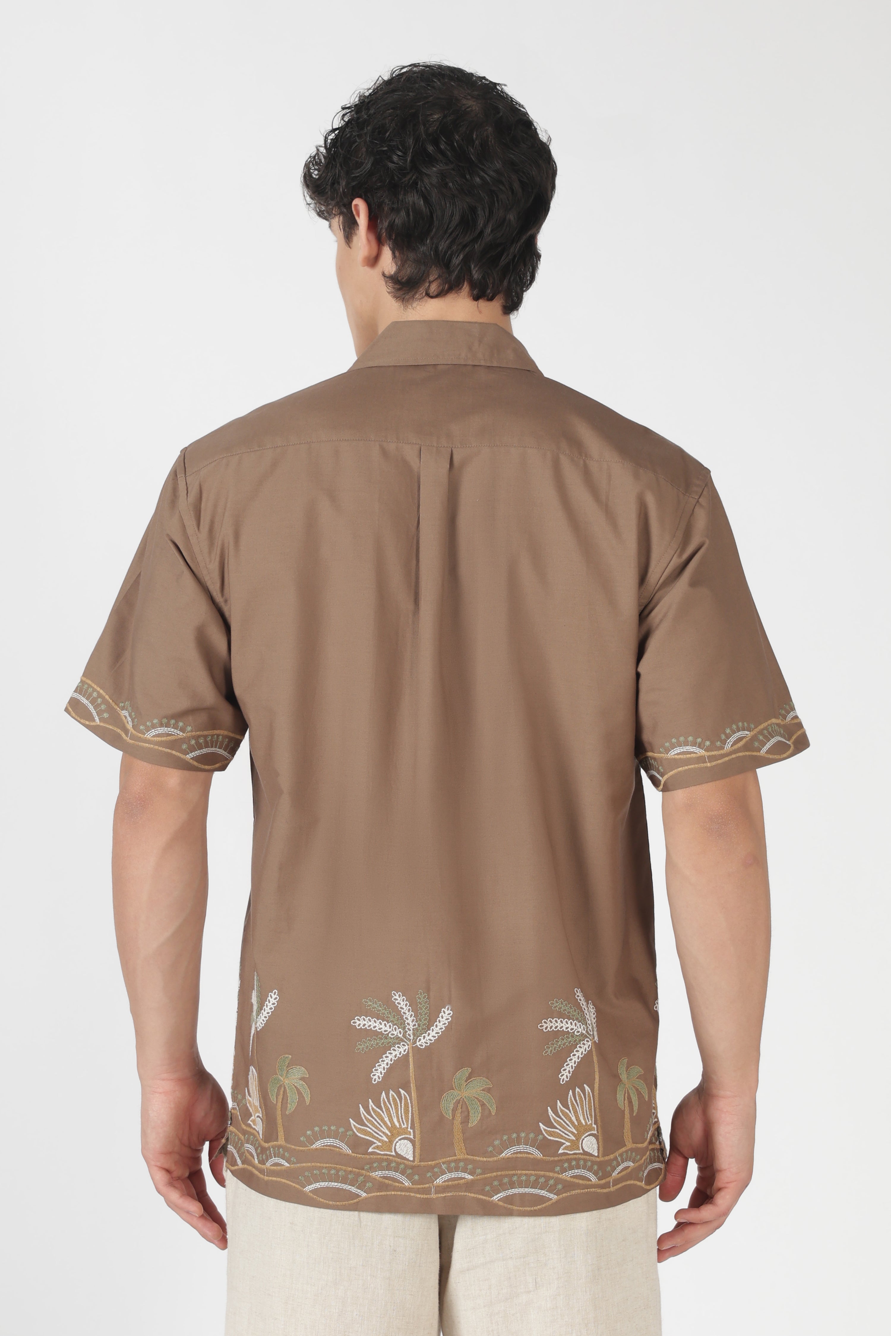 Tropical Coast Cotton Box Fit Brown Embroidered Shirt