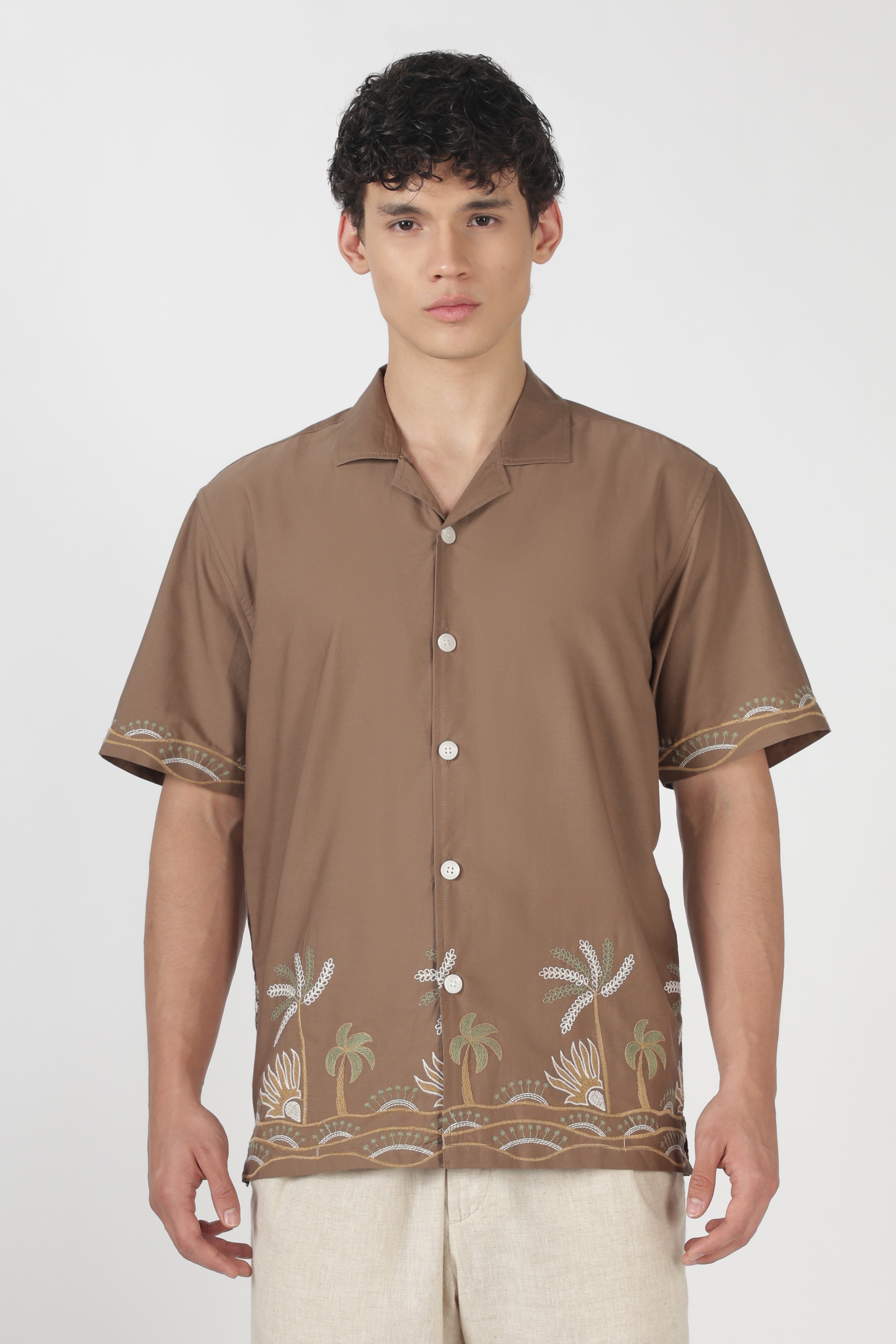 Tropical Coast Cotton Box Fit Brown Embroidered Shirt