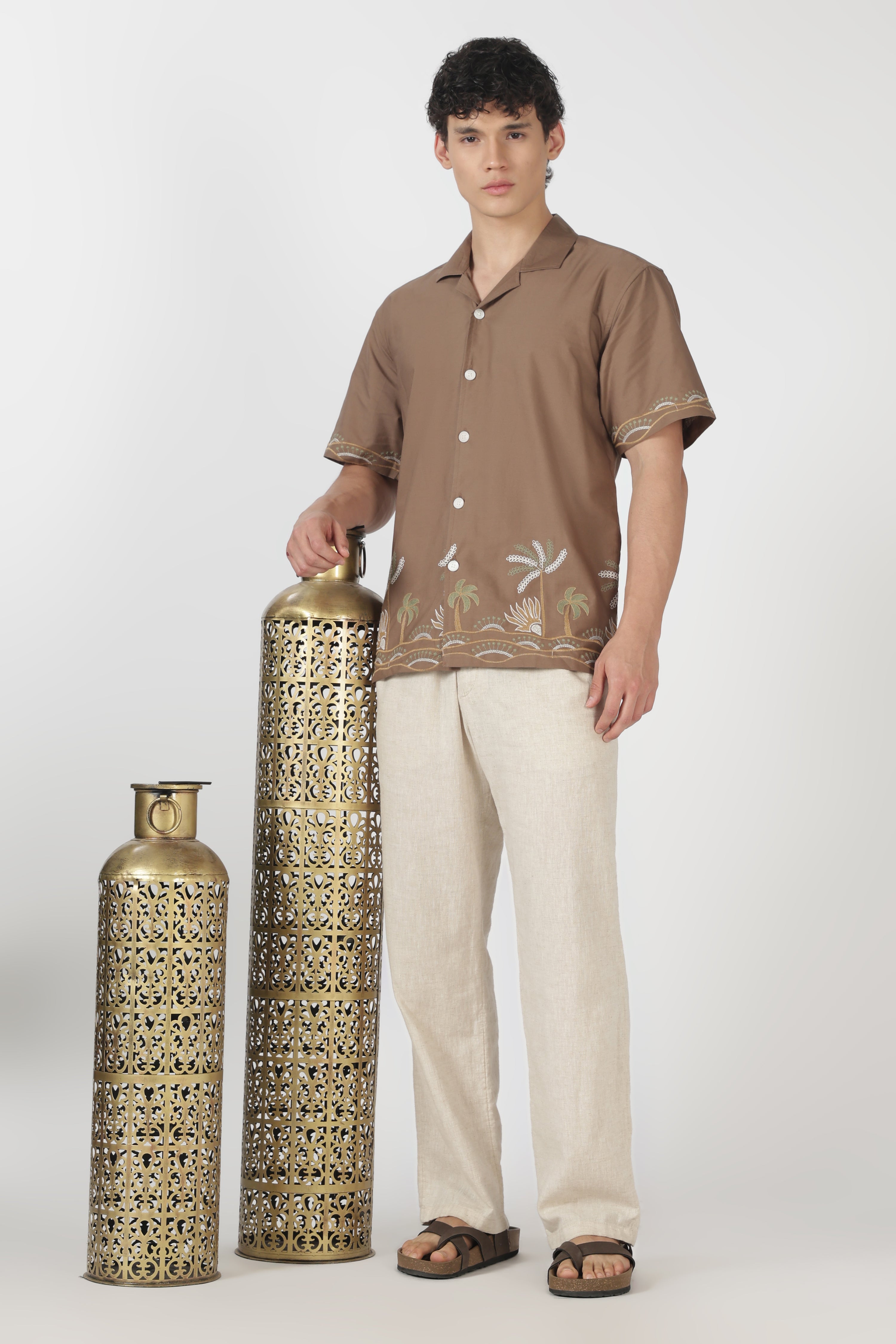 Tropical Coast Cotton Box Fit Brown Embroidered Shirt