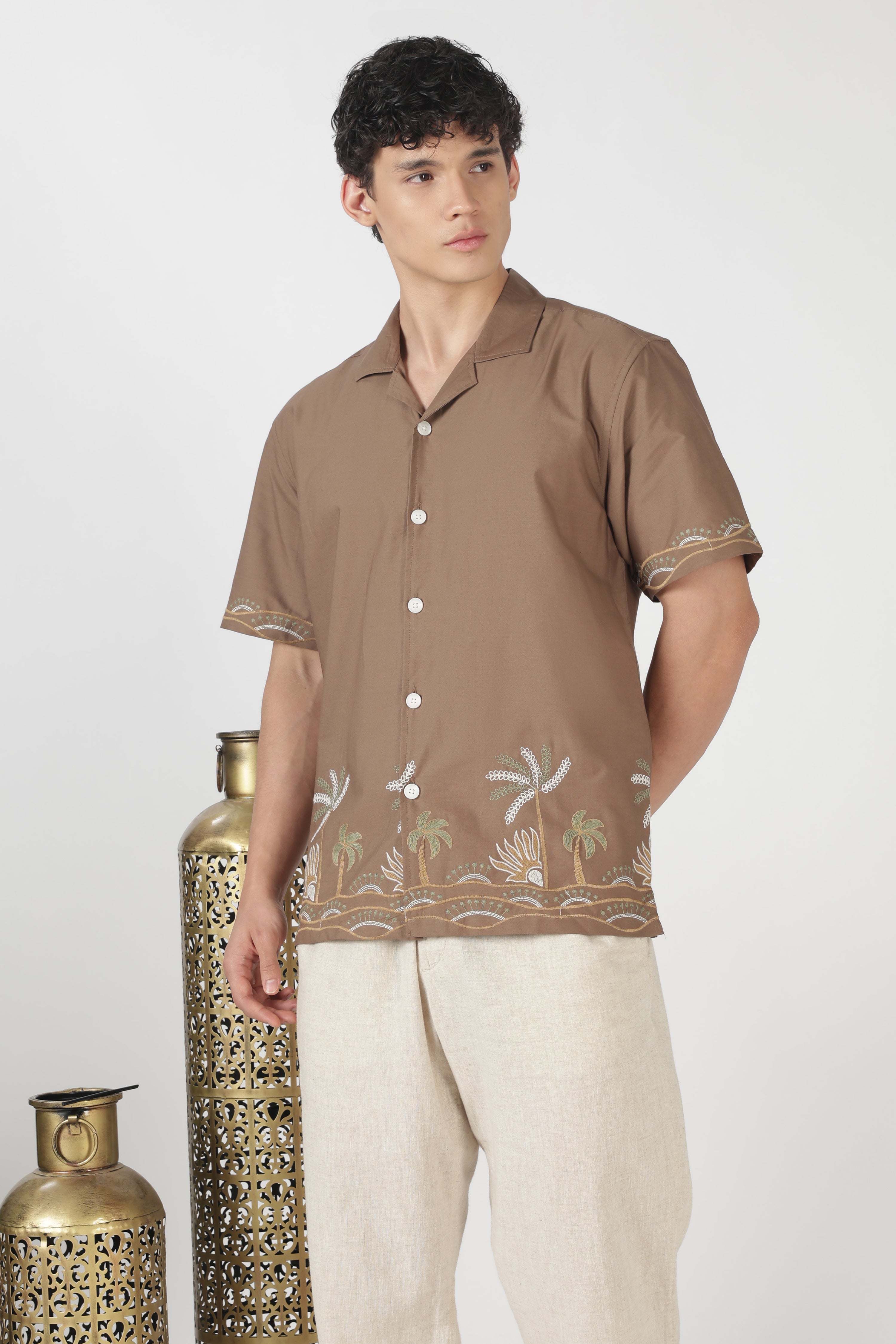 Tropical Coast Cotton Box Fit Brown Embroidered Shirt