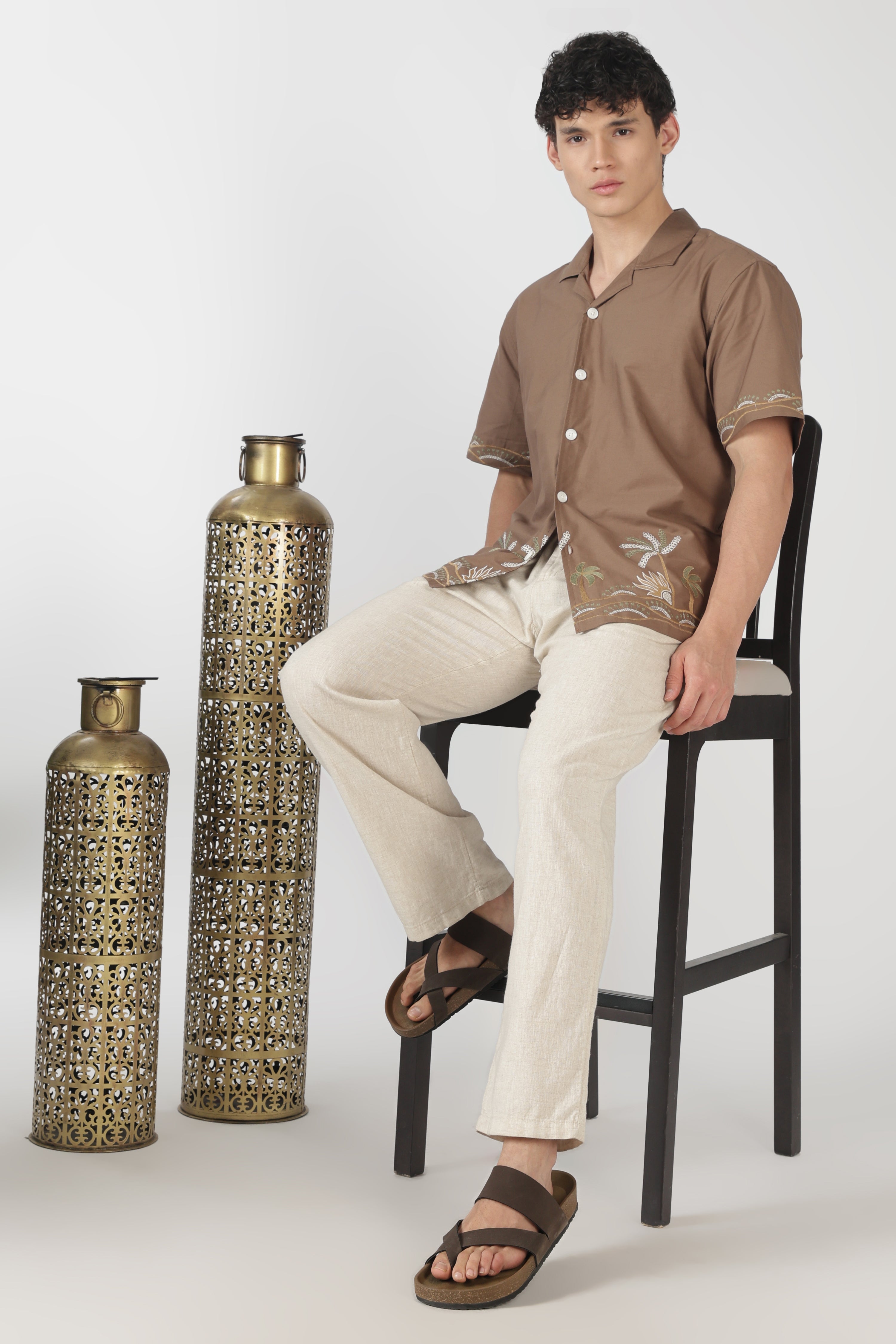 Tropical Coast Cotton Box Fit Brown Embroidered Shirt