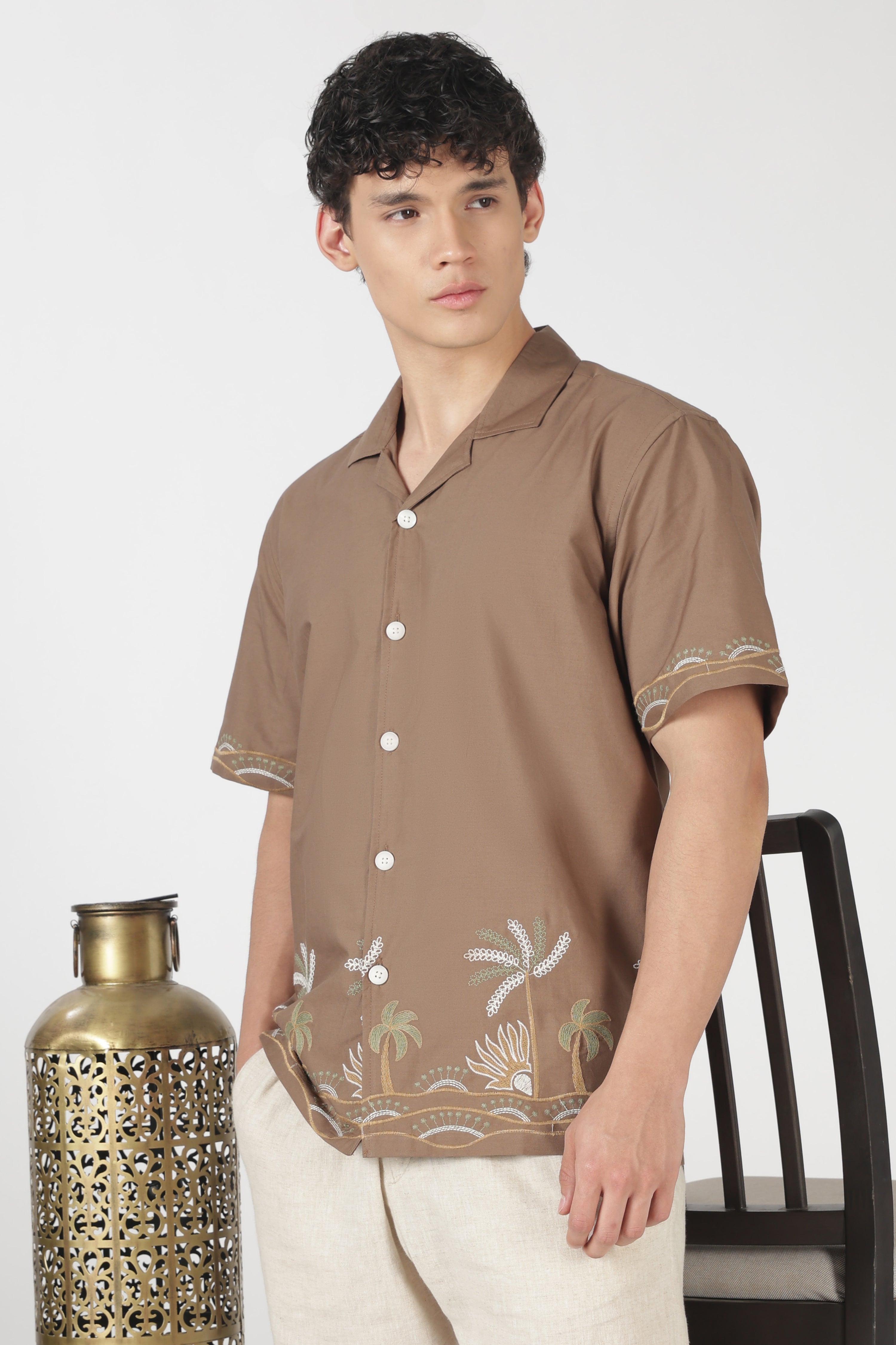 Tropical Coast Cotton Box Fit Brown Embroidered Shirt
