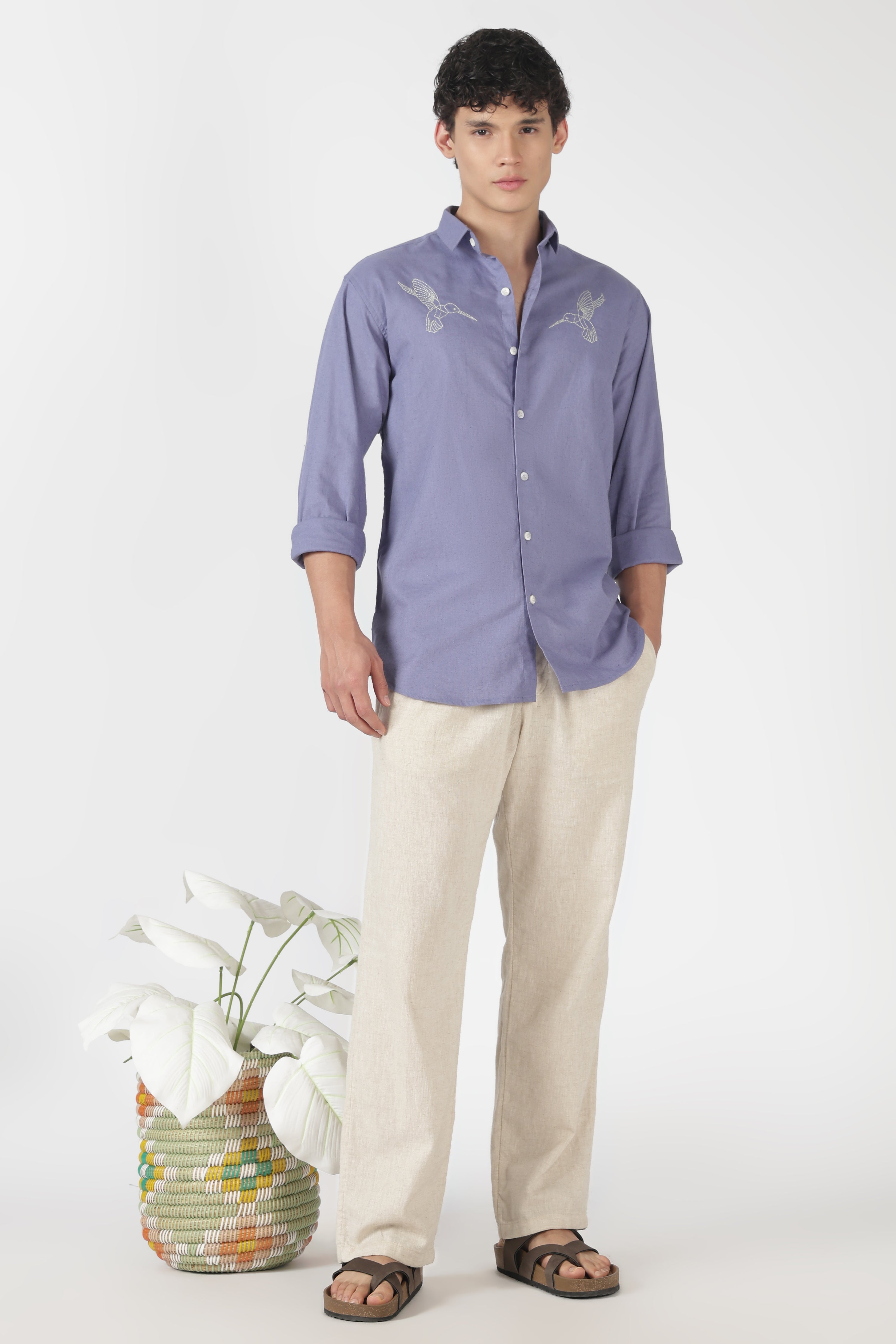 Humming Crest Cotton Regular Fit Purple Embroidered Shirt