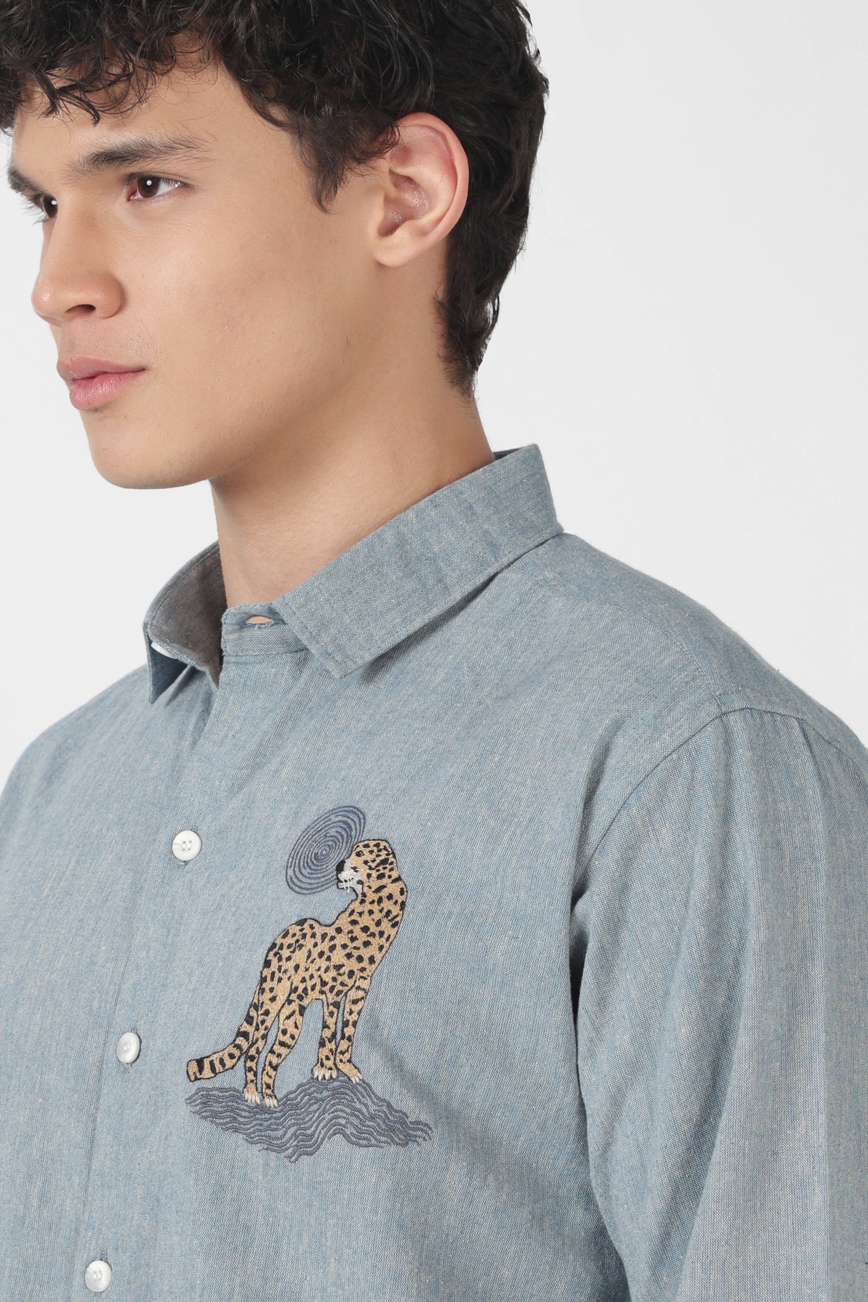 Desert Leopard Cotton Regular Fit Sky blue Embroidered Shirt