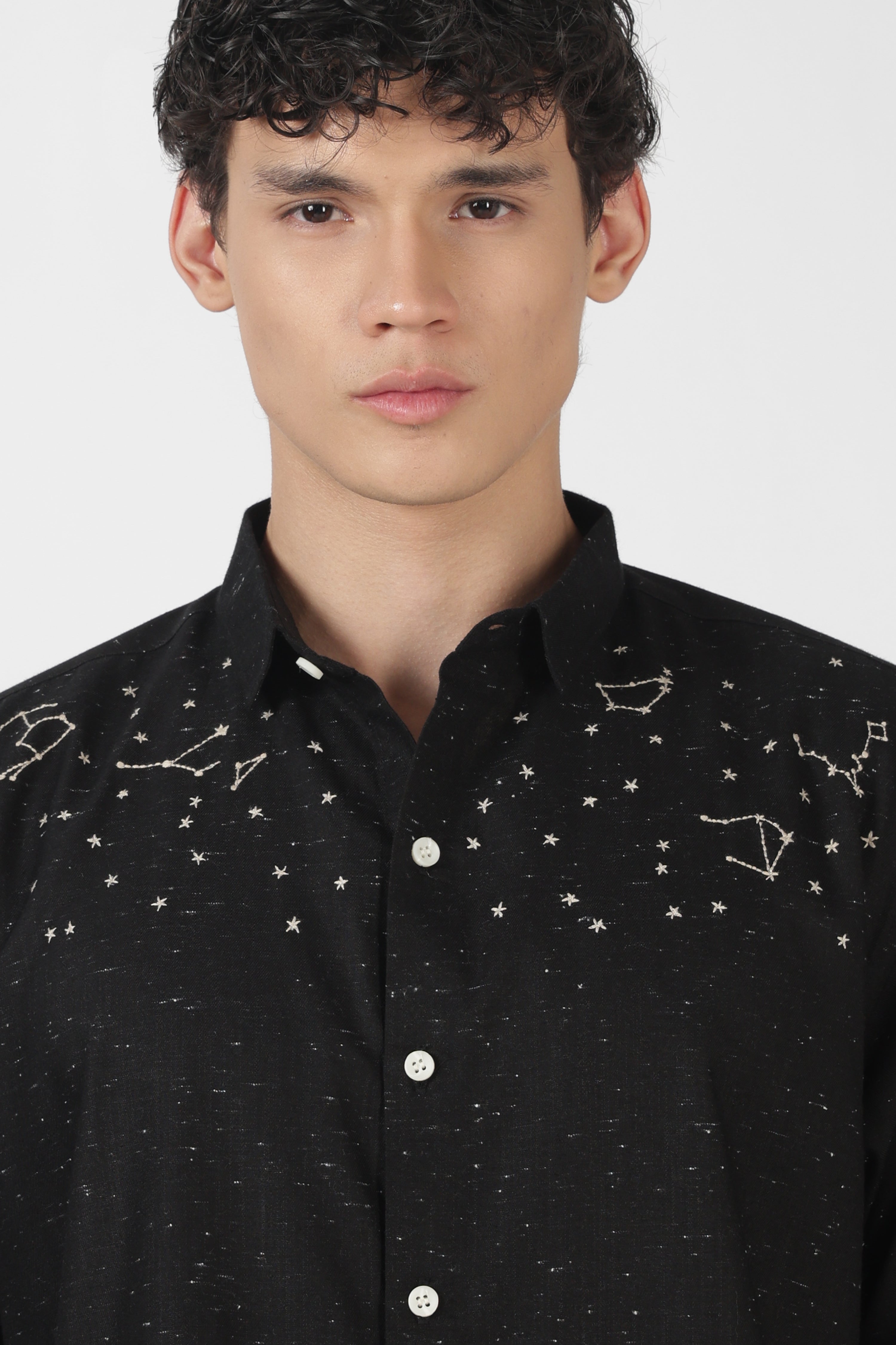 Starlit Solitude Cotton Regular Fit Black Embroidered Shirt