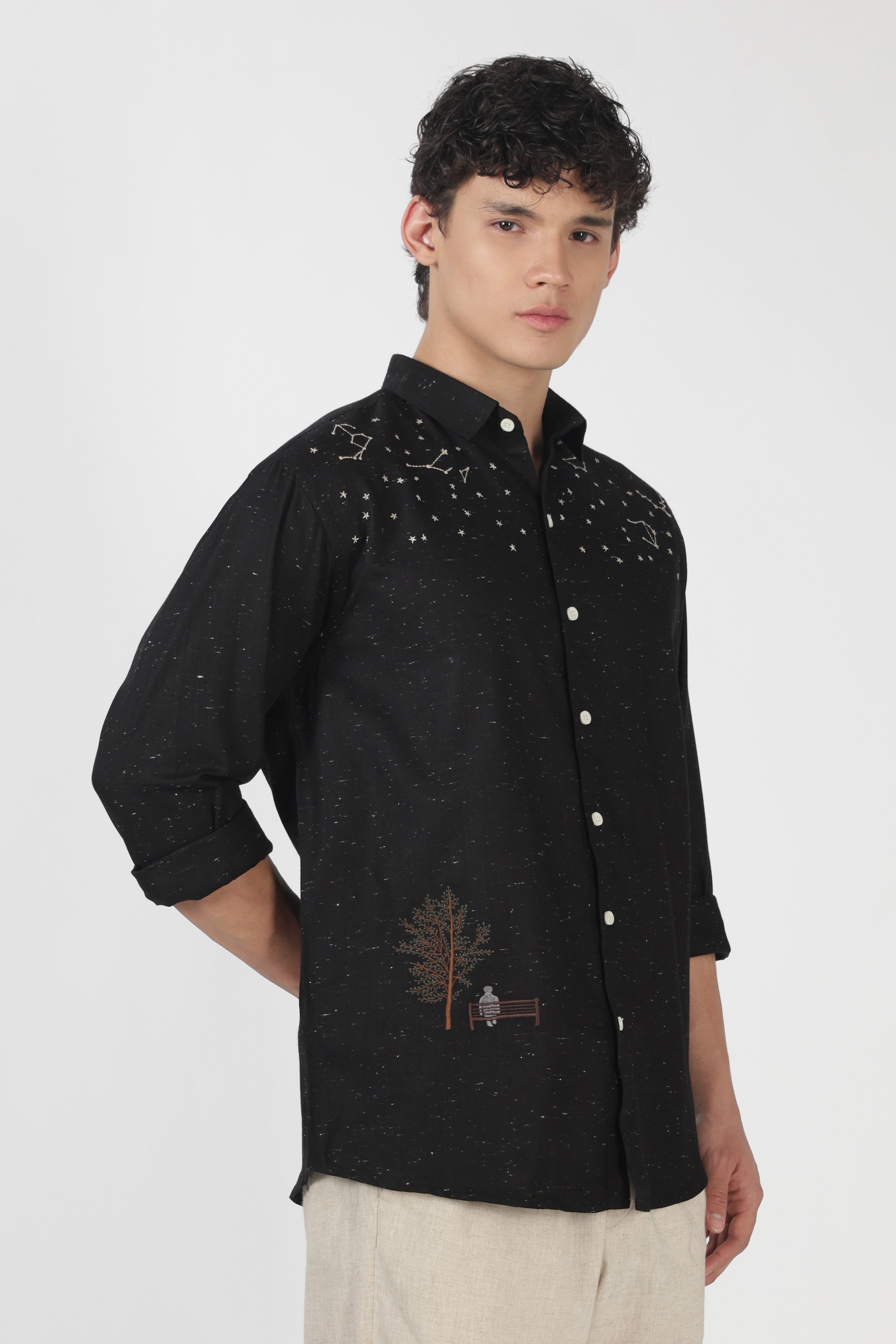 Starlit Solitude Cotton Regular Fit Black Embroidered Shirt