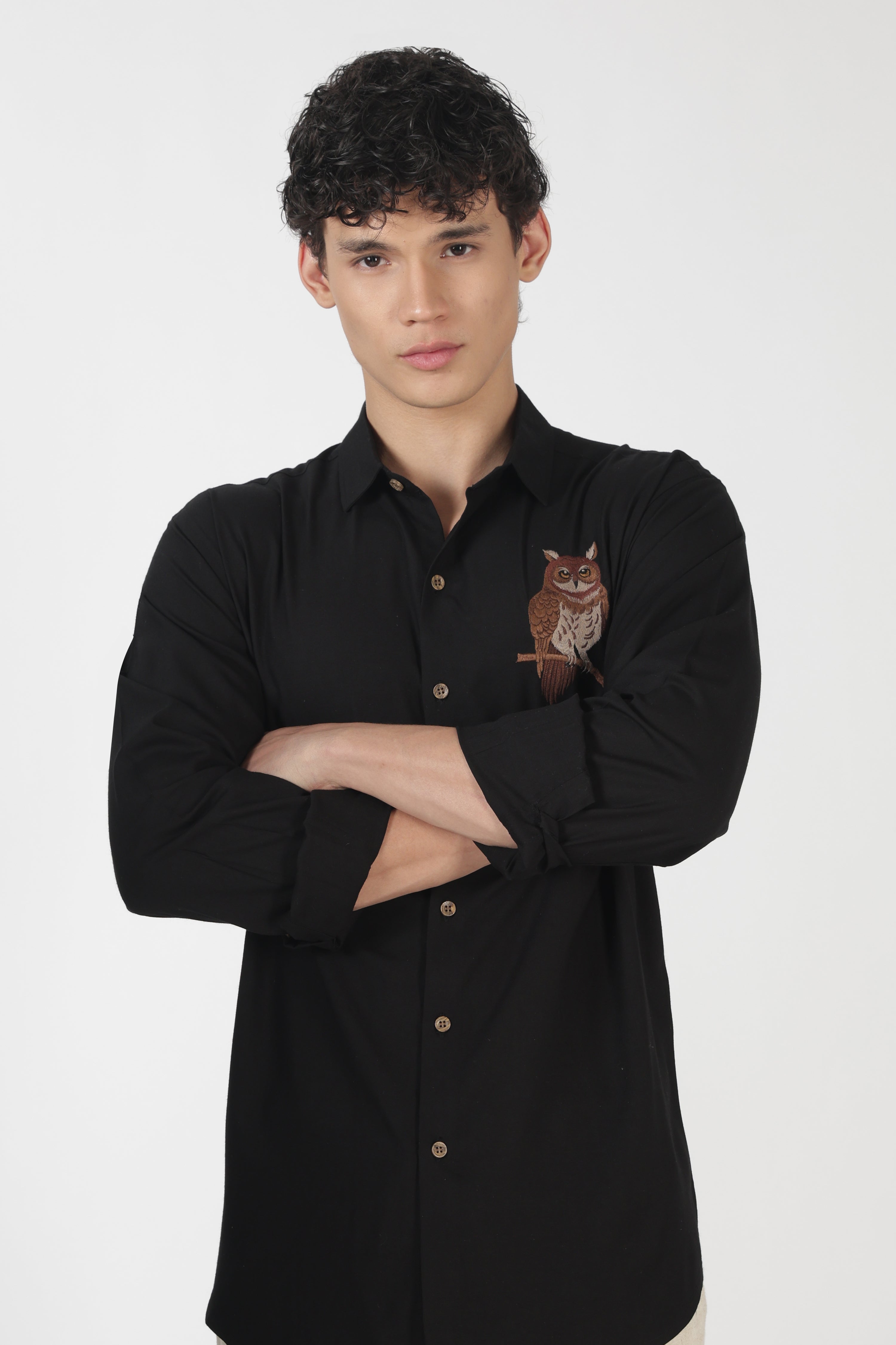 Nocturnal Owl Cotton Regular Fit Black Embroidered Shirt