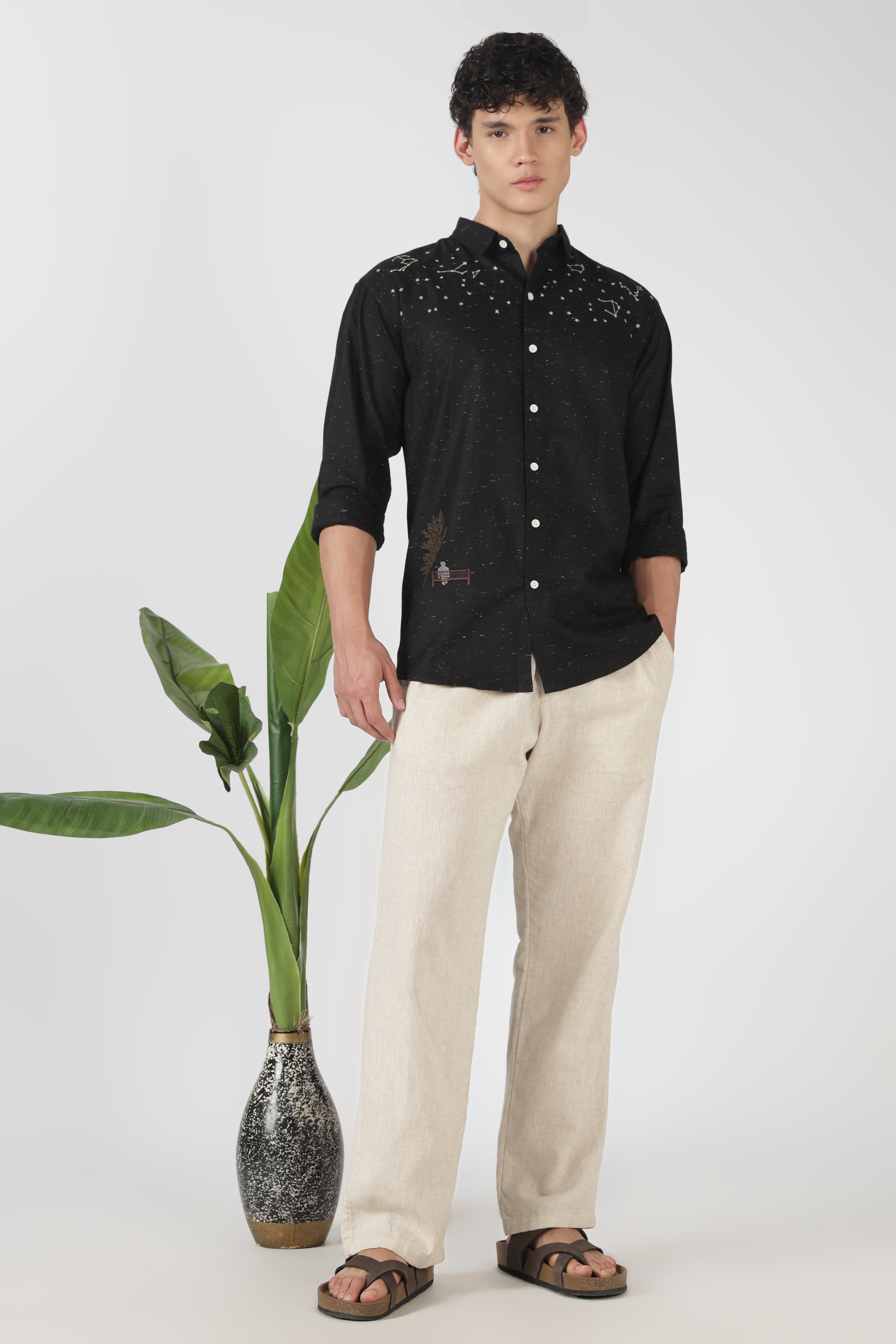 Starlit Solitude Cotton Regular Fit Black Embroidered Shirt