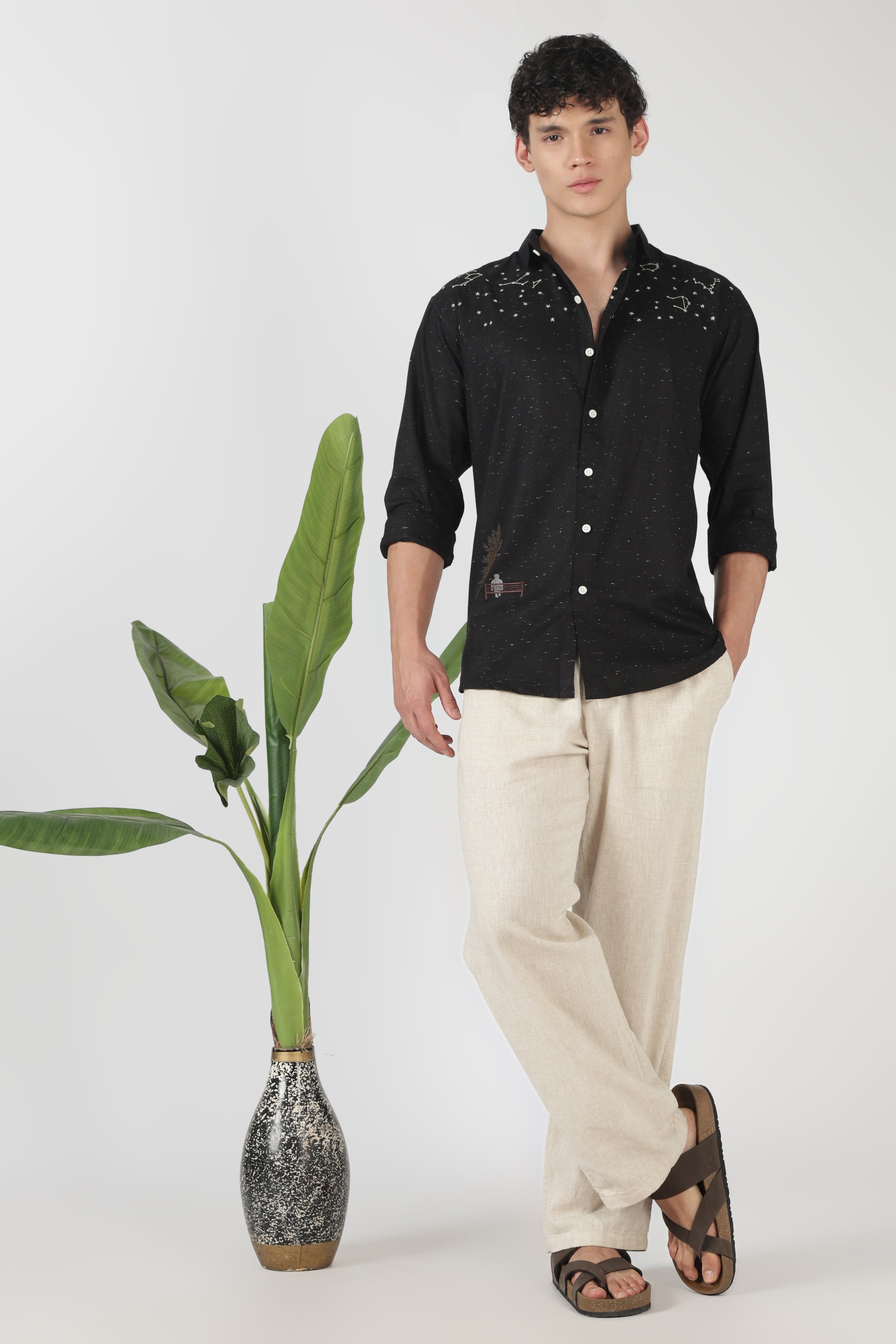 Starlit Solitude Cotton Regular Fit Black Embroidered Shirt