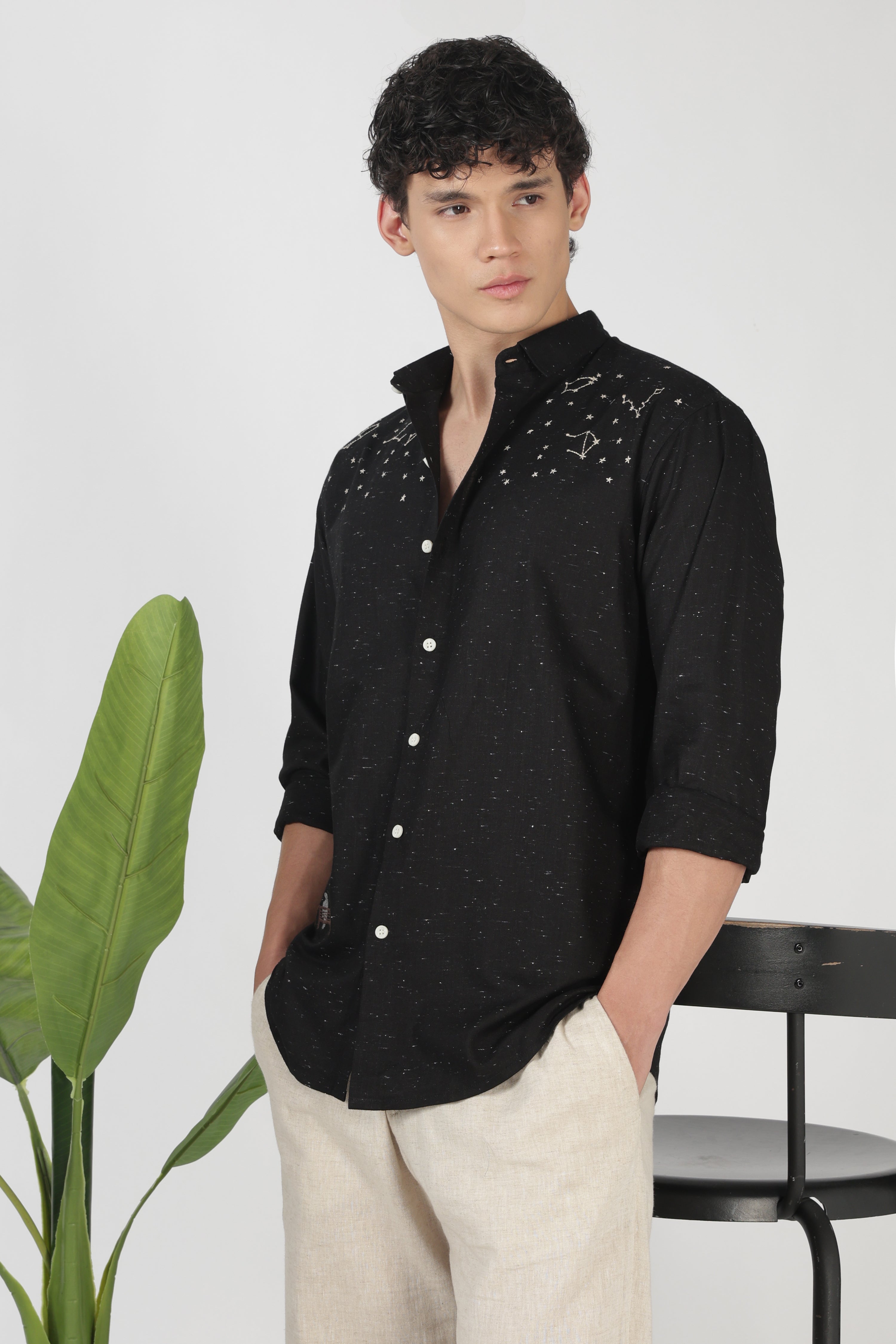 Starlit Solitude Cotton Regular Fit Black Embroidered Shirt