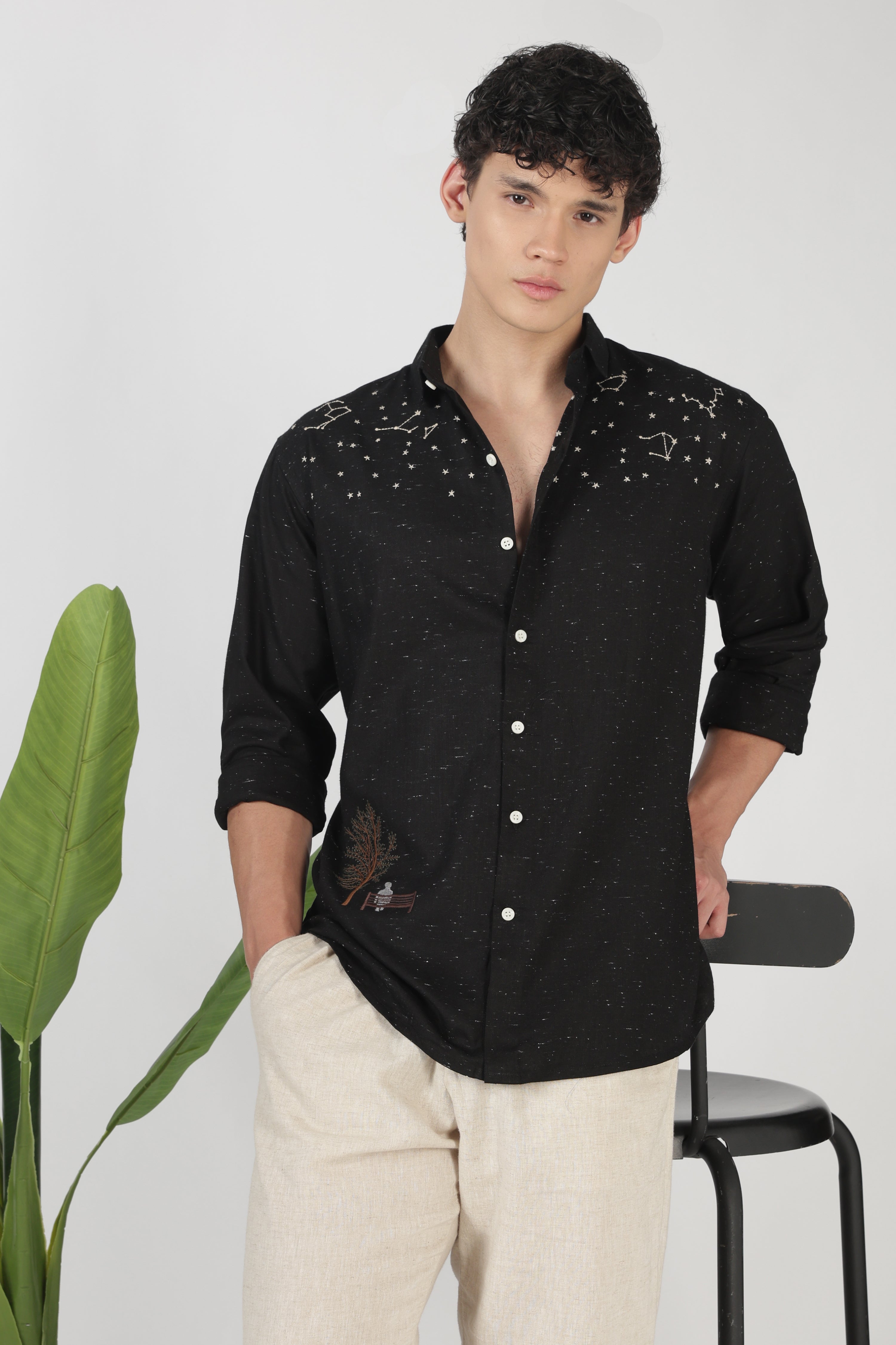 Starlit Solitude Cotton Regular Fit Black Embroidered Shirt