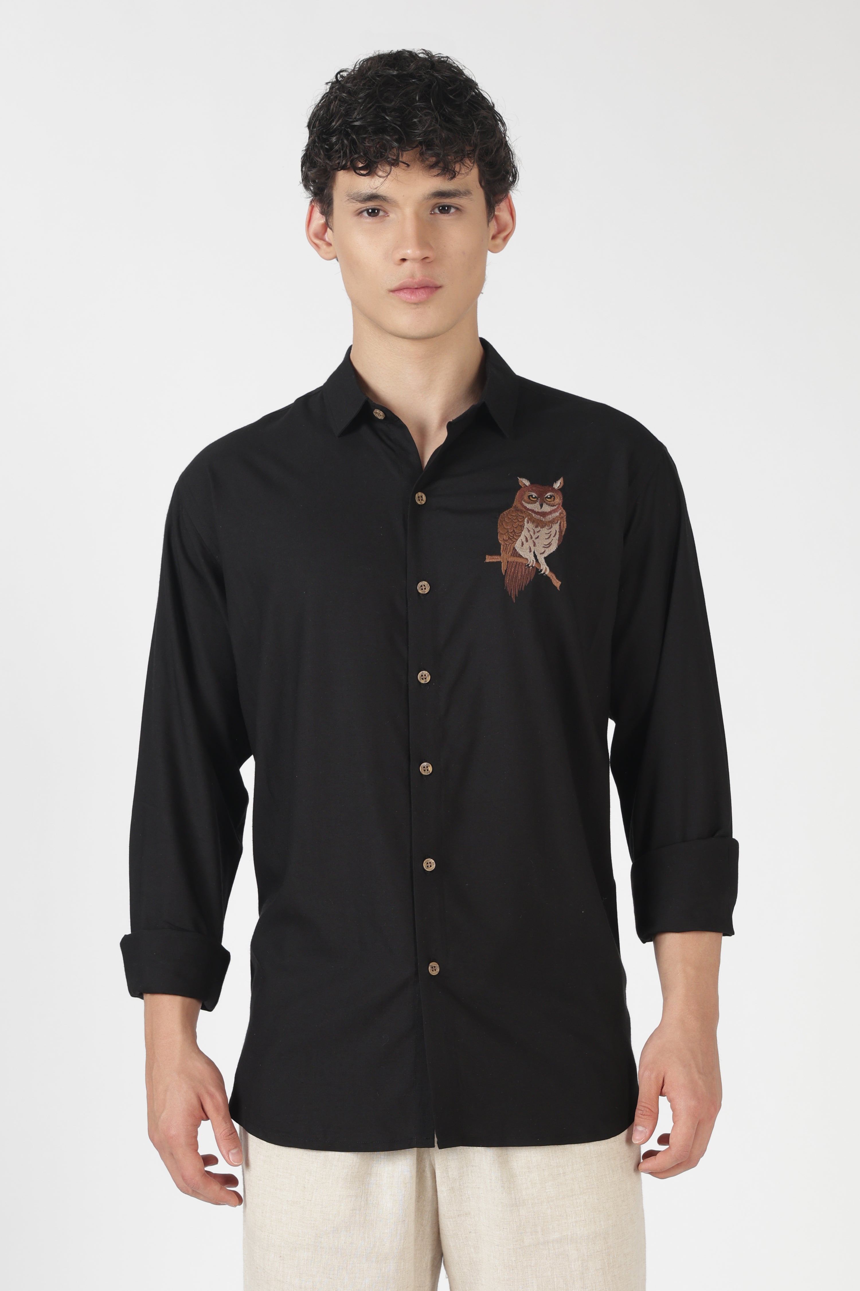 Nocturnal Owl Cotton Regular Fit Black Embroidered Shirt