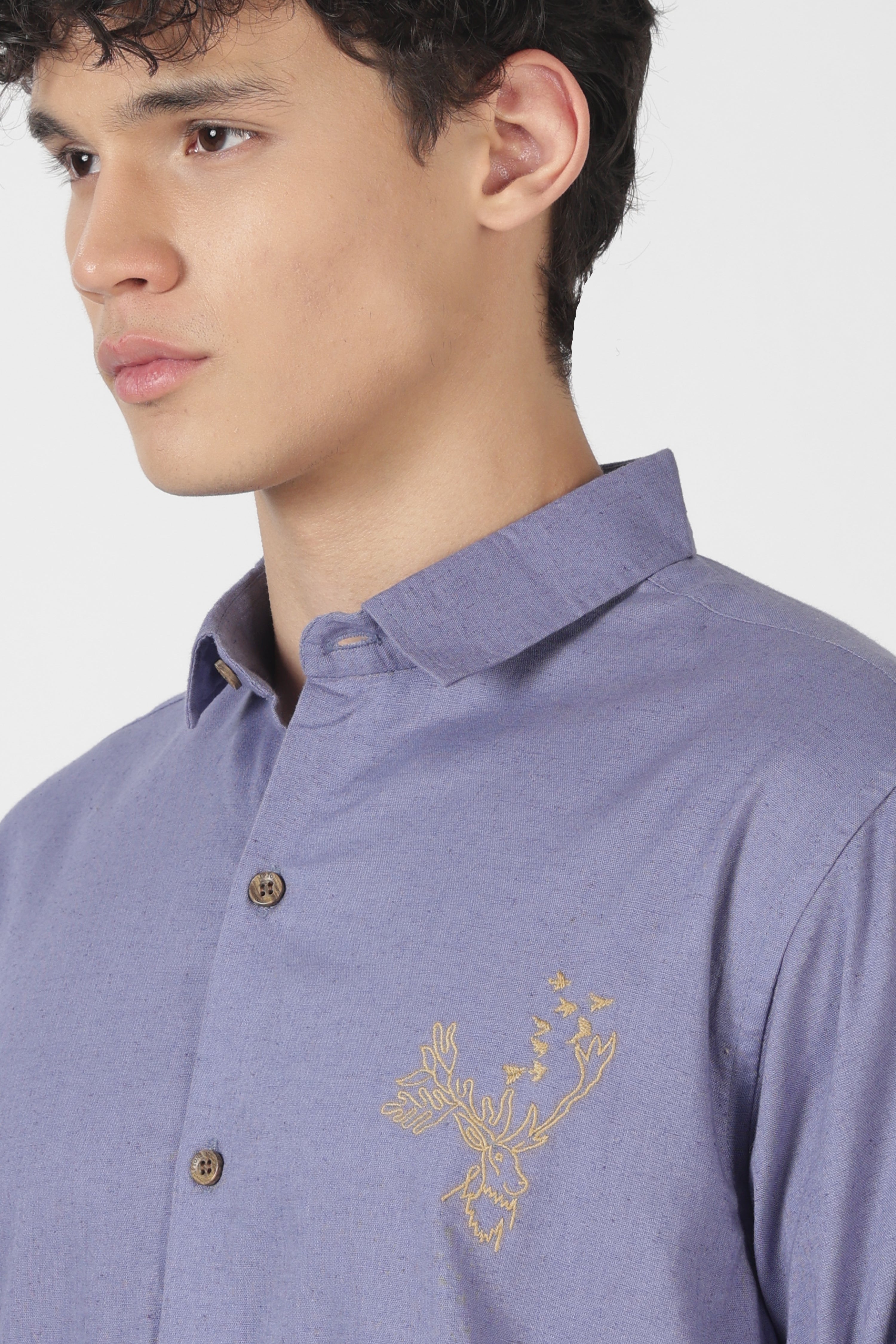 Golden Stag Ember Cotton Regular Fit Purple Embroidered Shirt