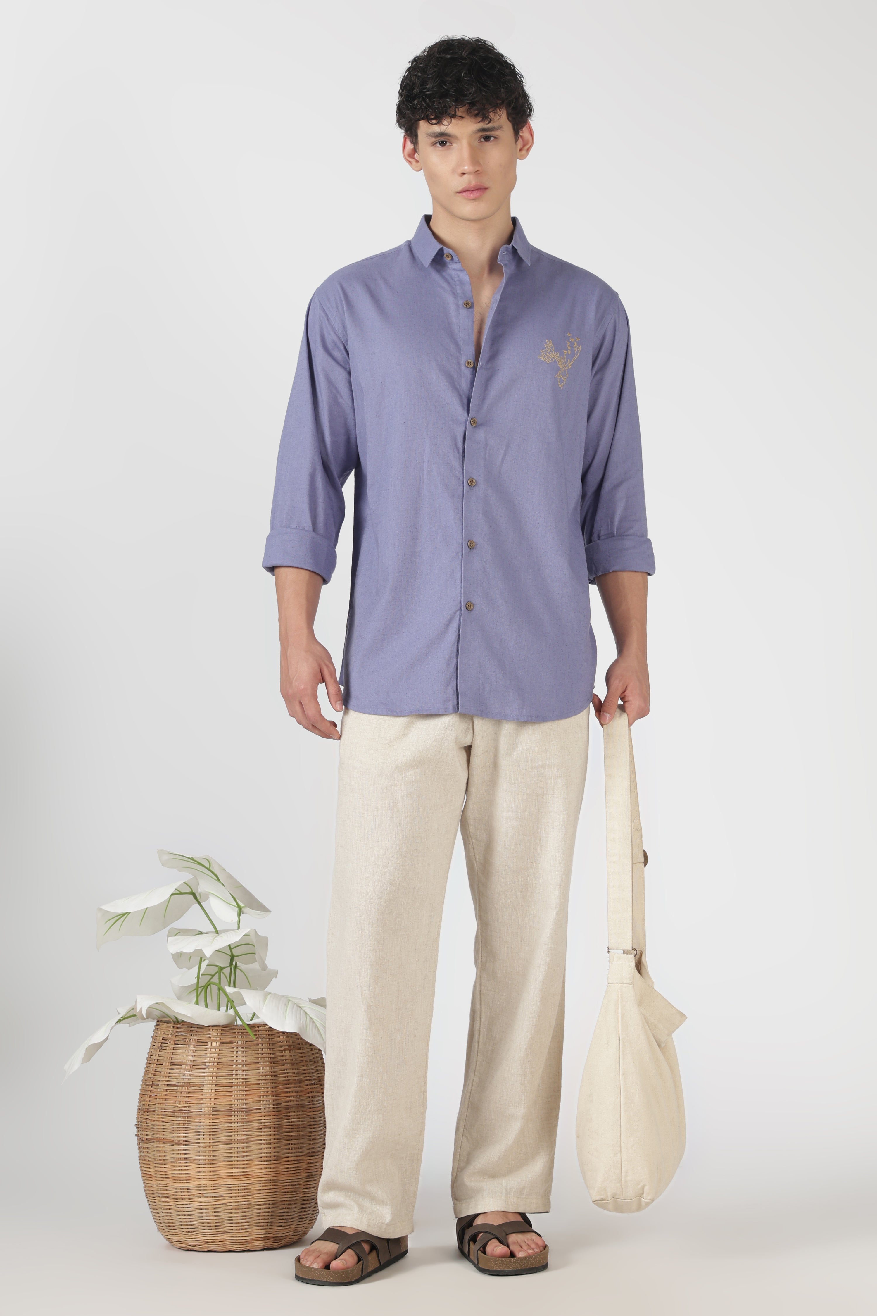 Golden Stag Ember Cotton Regular Fit Purple Embroidered Shirt