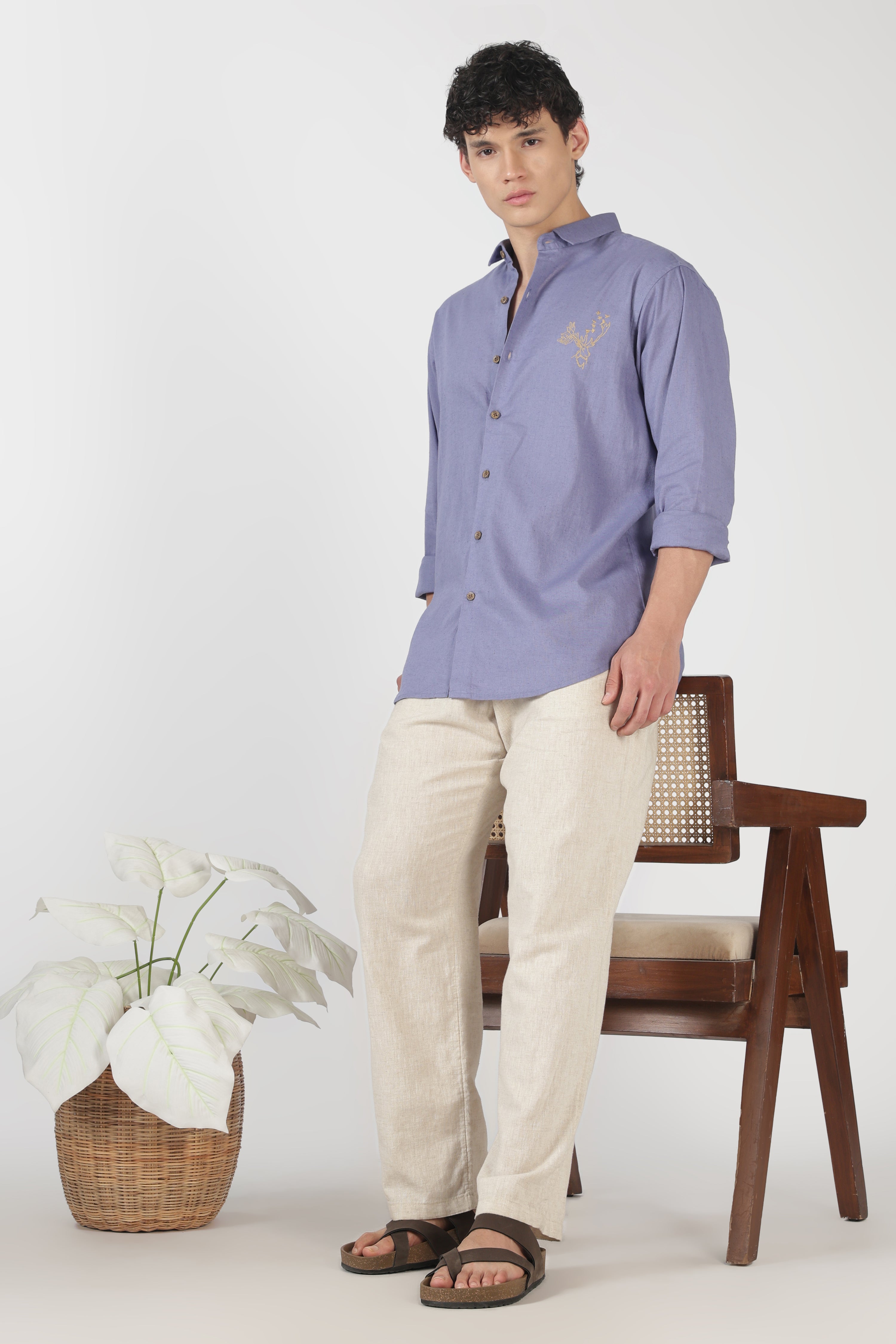 Golden Stag Ember Cotton Regular Fit Purple Embroidered Shirt