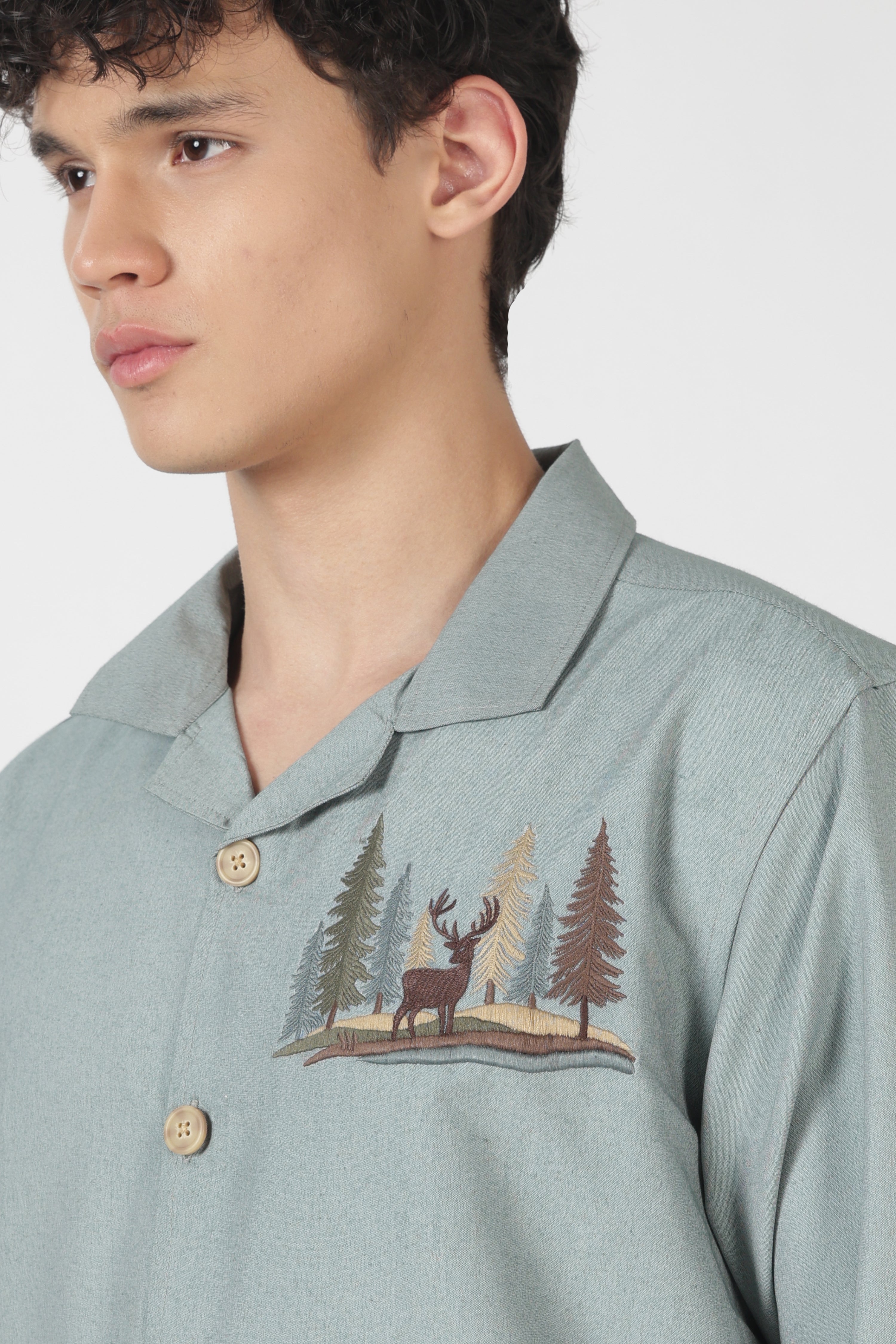 Timber Trail Stag Cotton Box Fit Sky Blue Embroidered Shirt