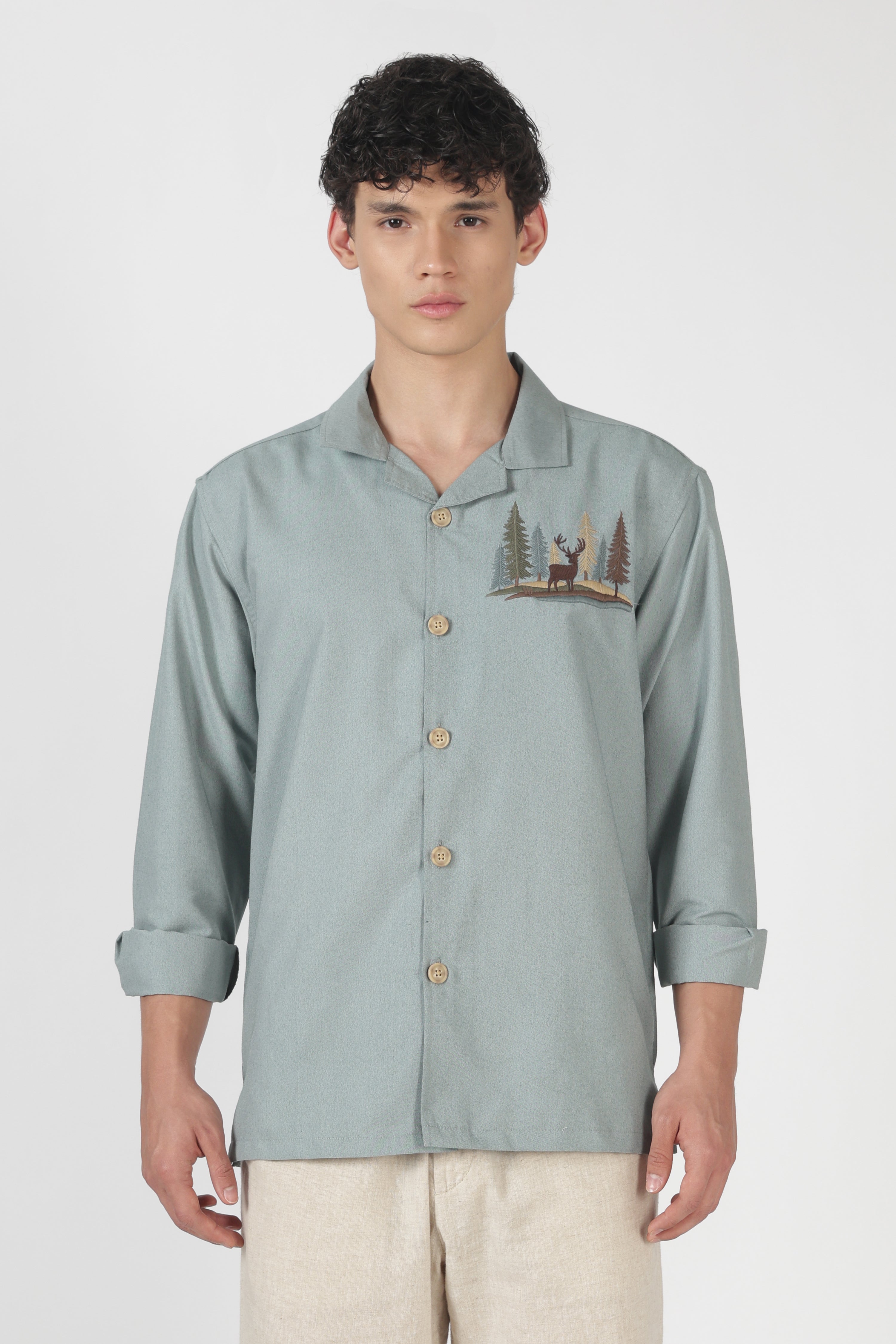 Timber Trail Stag Cotton Box Fit Sky Blue Embroidered Shirt