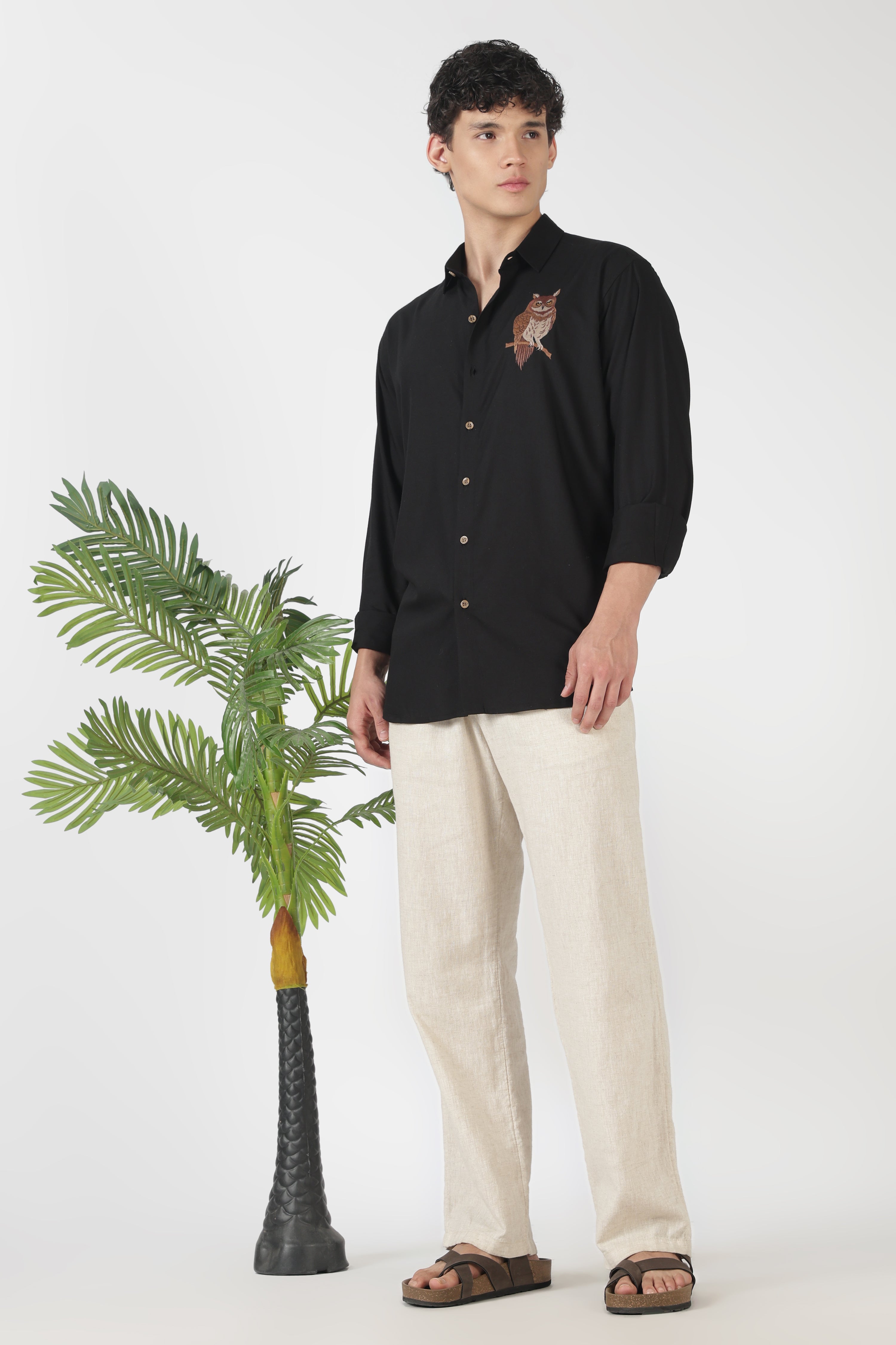 Nocturnal Owl Cotton Regular Fit Black Embroidered Shirt