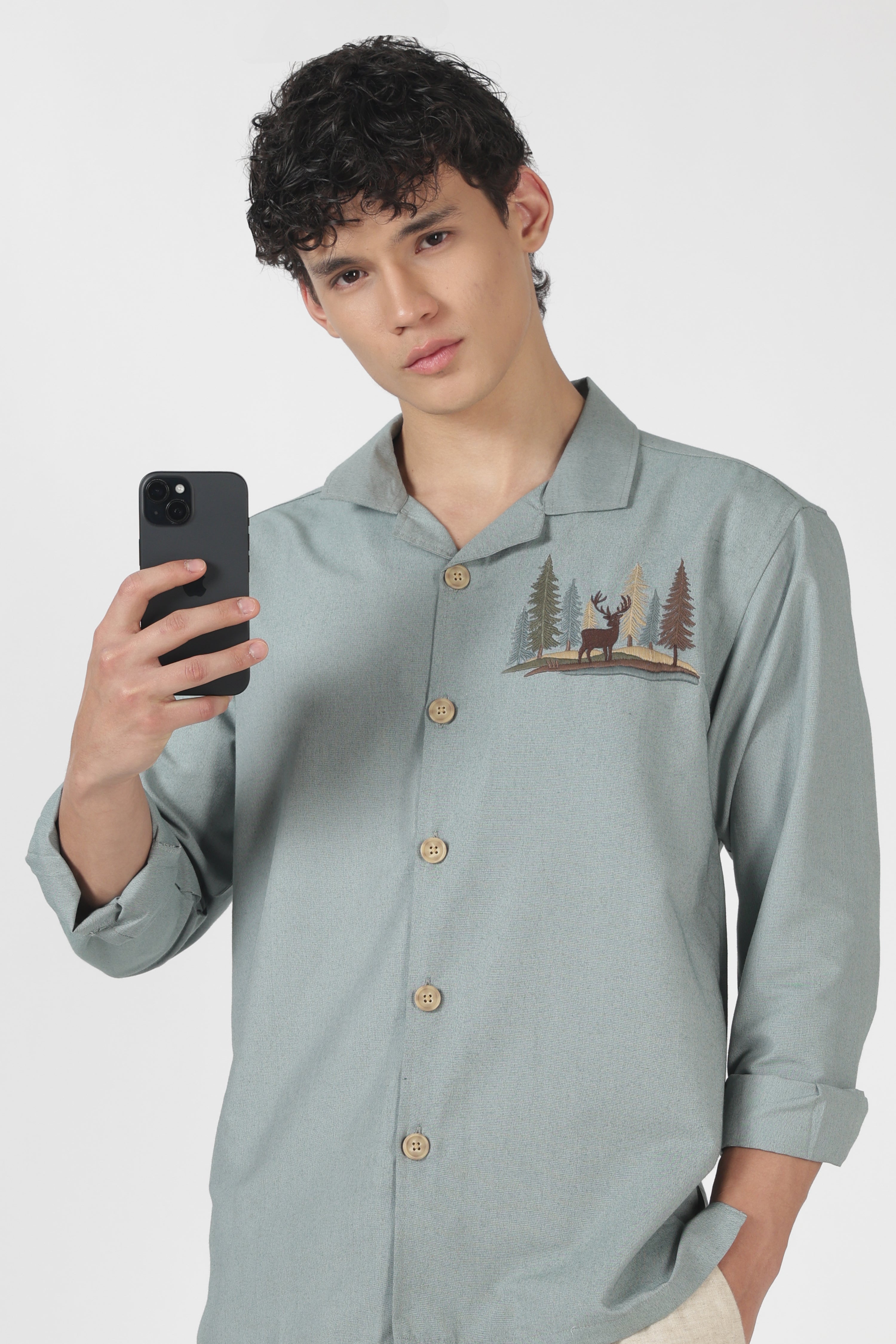 Timber Trail Stag Cotton Box Fit Sky Blue Embroidered Shirt