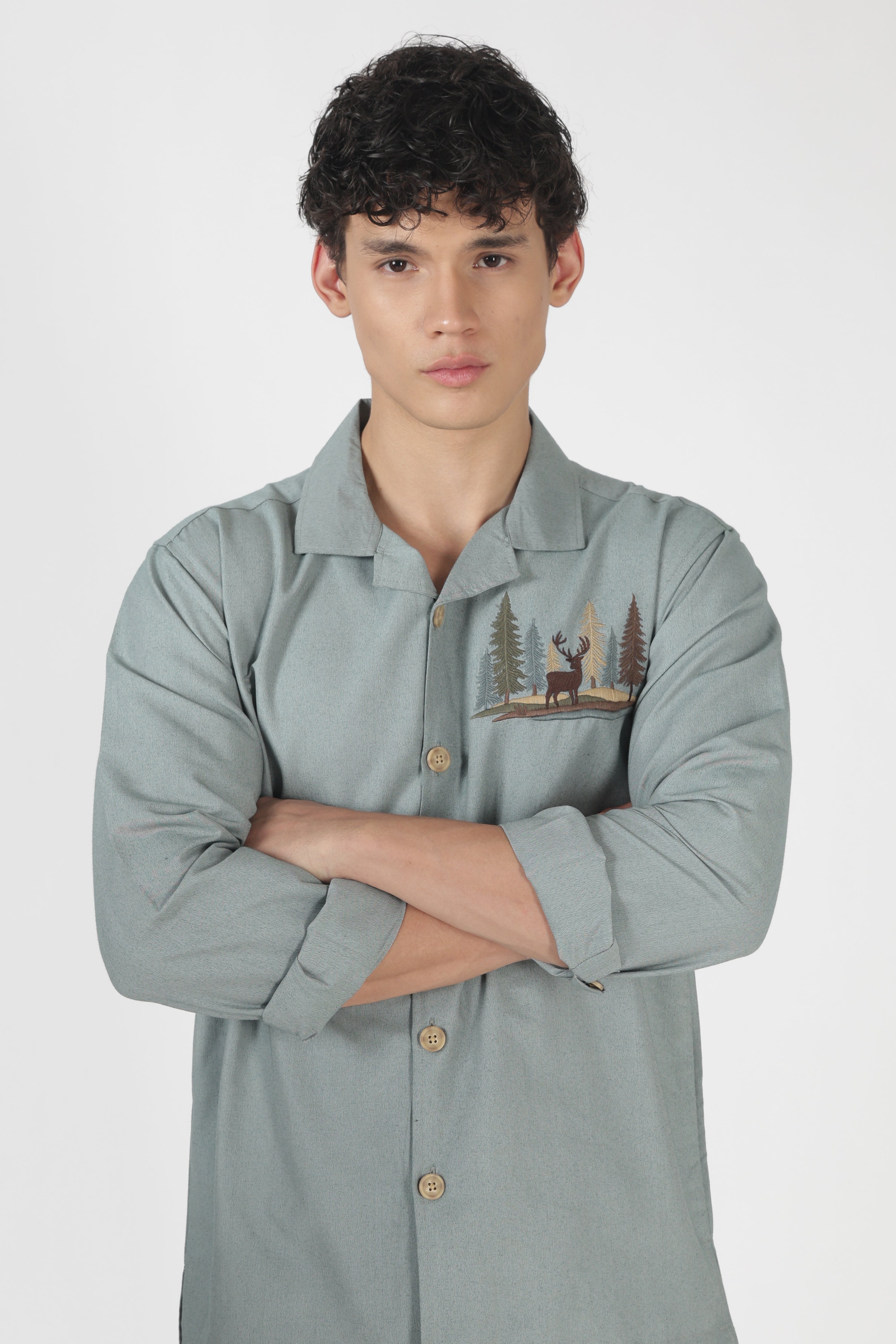 Timber Trail Stag Cotton Box Fit Sky Blue Embroidered Shirt